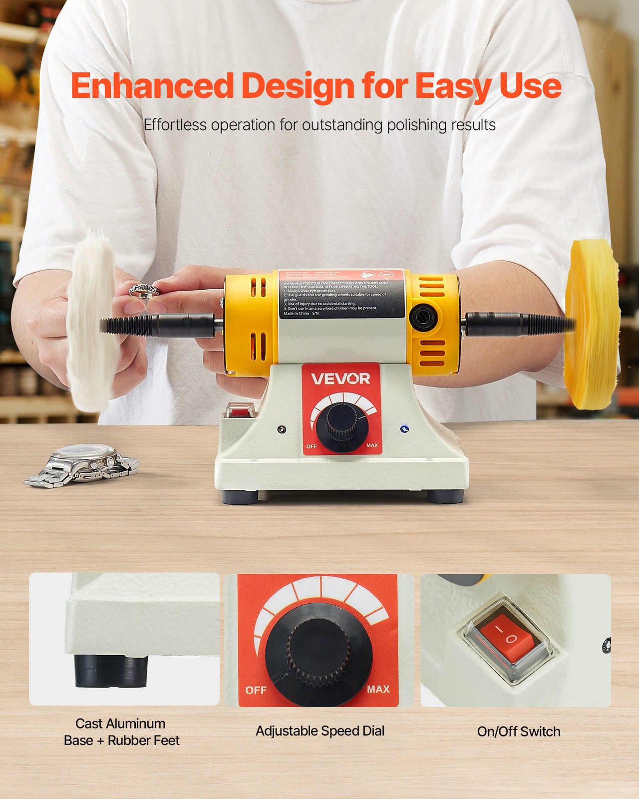 VEVOR 1/2HP Bench Buffer Polisher 0 to 8000RPM with 3-inch & 4-inch Wheels