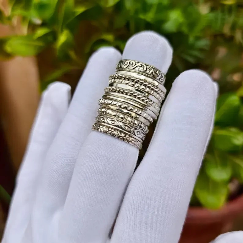 925 Sterling Silver Stacking Rings Set: Twisted, Beaded, Floral, Dotted All Size