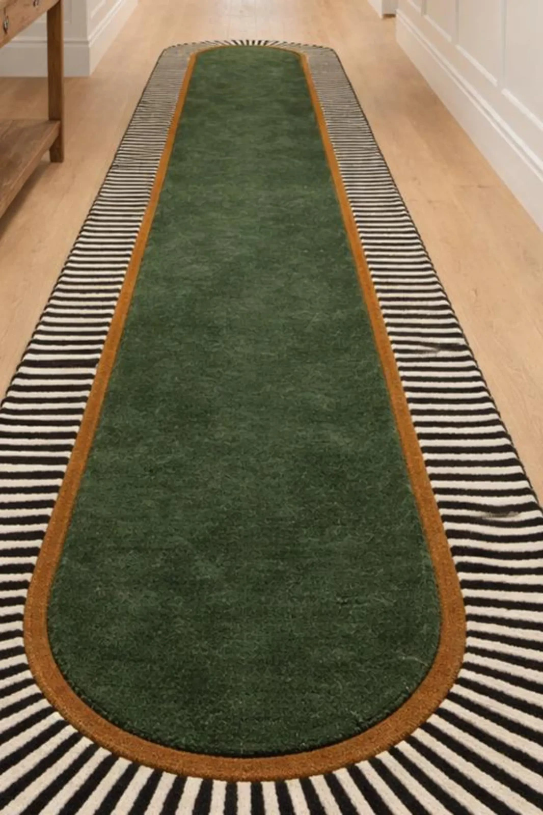 Hand-Tufted Modern Runner Carpet with Green Center & Striped Border