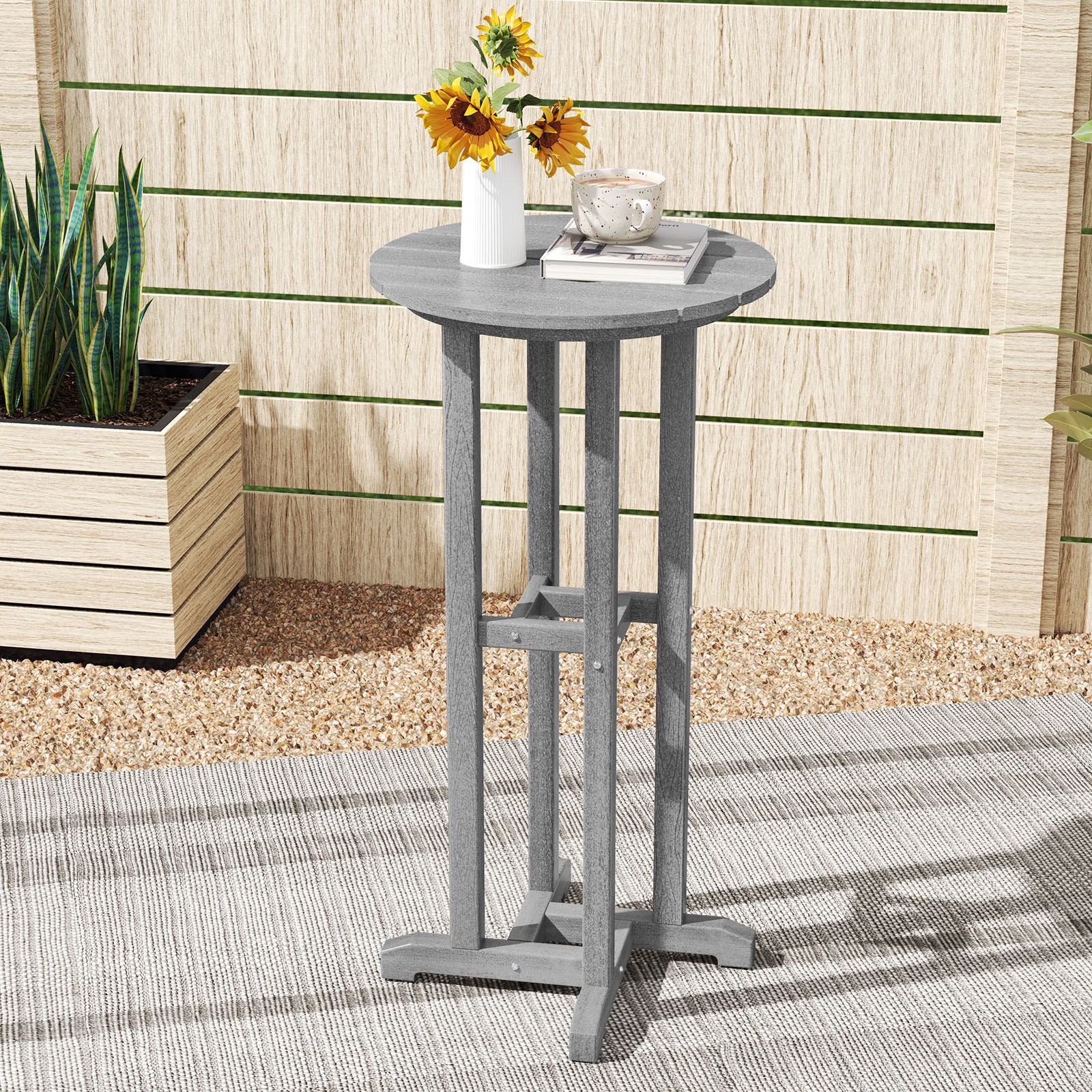 21.5" Round Bar Table Patio HDPE Bar Height Dining Table w/ Slatted Tabletop