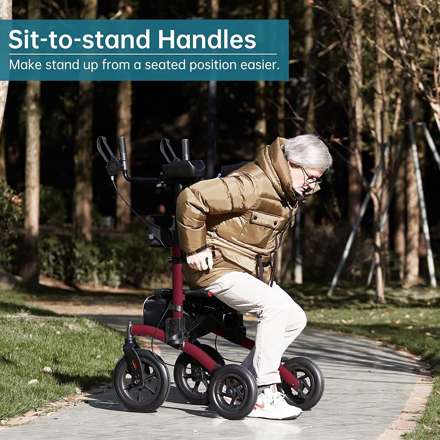 2024 ELENKER All-Terrain Upright Walker, Stand up Rolling Walker with Seat RED