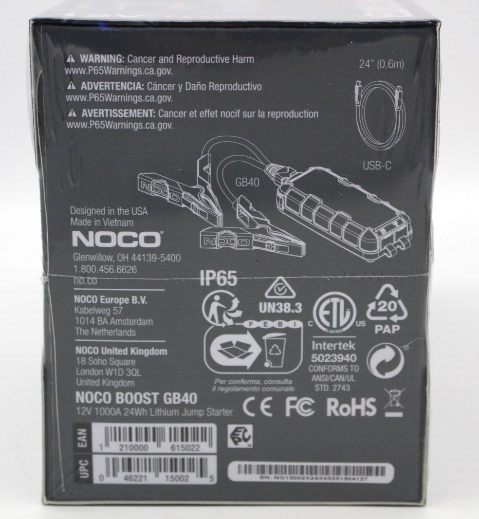 NOCO GB40 Boost Plus 12V 1000A UltraSafe Lithium Jump Starter- Brand New