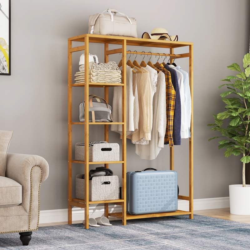 6 Tier Bamboo Garment Rack Storage Shelves Clothes Hanging Wardrobe Closet Stand