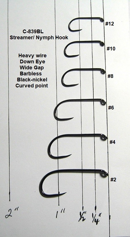 50- Streamer-Nymph Hooks C-839BL 6 Sizes available Heavy wire Barbless