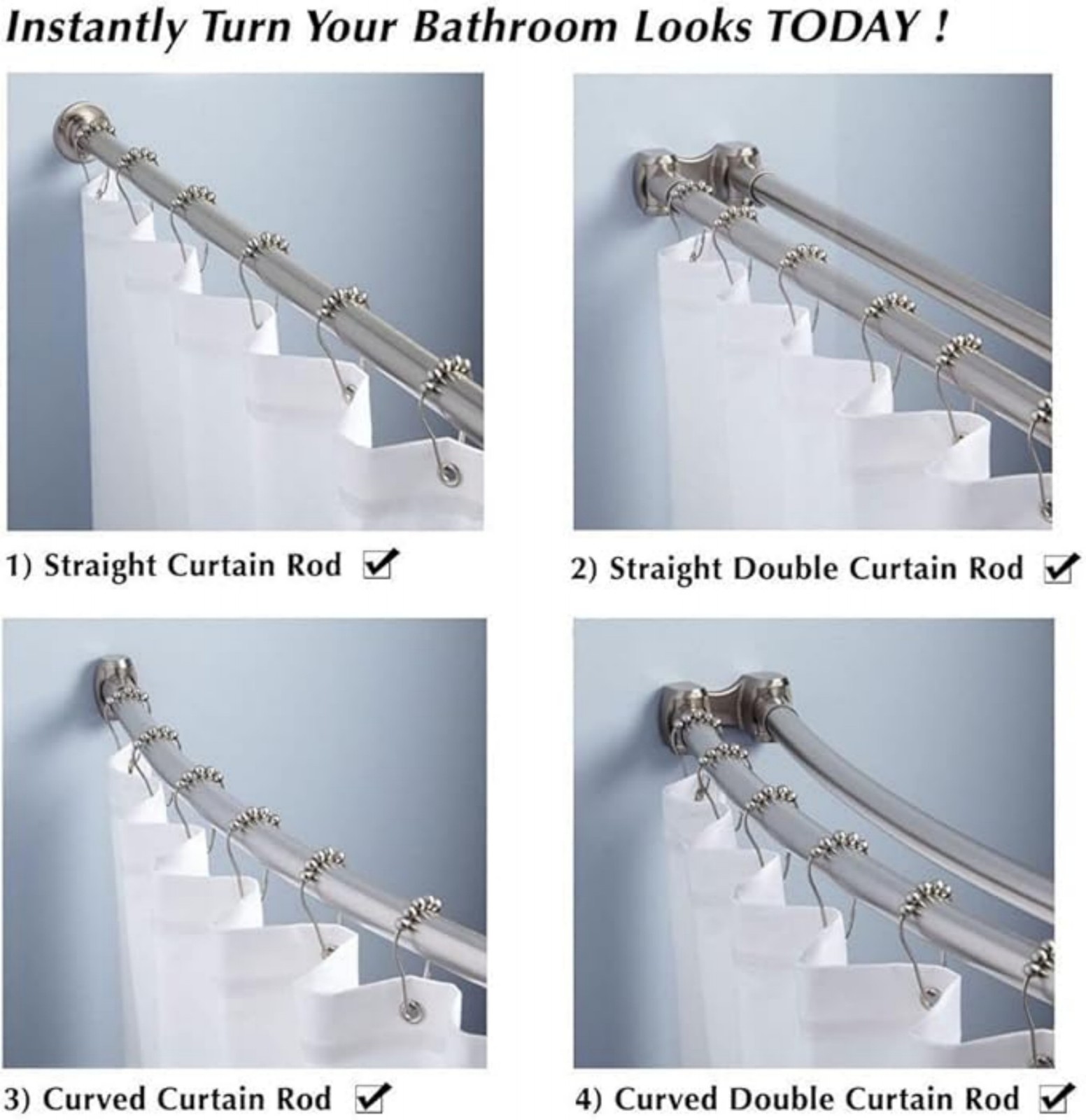 Shower Curtain Hooks Rings Stainless Steel Set of 12 Polished New