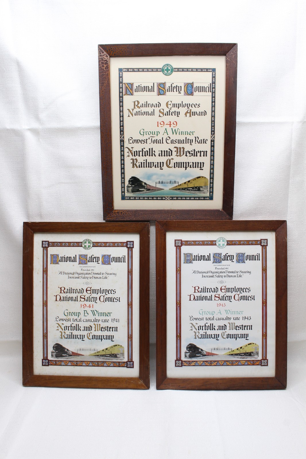 3 NORFOLK AND WESTERN RAILWAY SAFETY AWARD FRAMED CERTIFICATES N&W RAILROAD RY