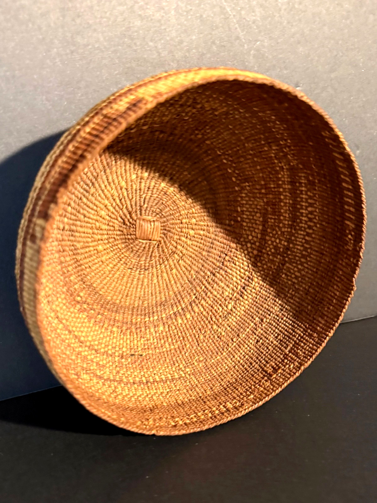 EXTRAORDINARY HUPA FANCY CAP BASKET, BEAR GRASS & FERN OVERLAY, C1890, EXCELLENT