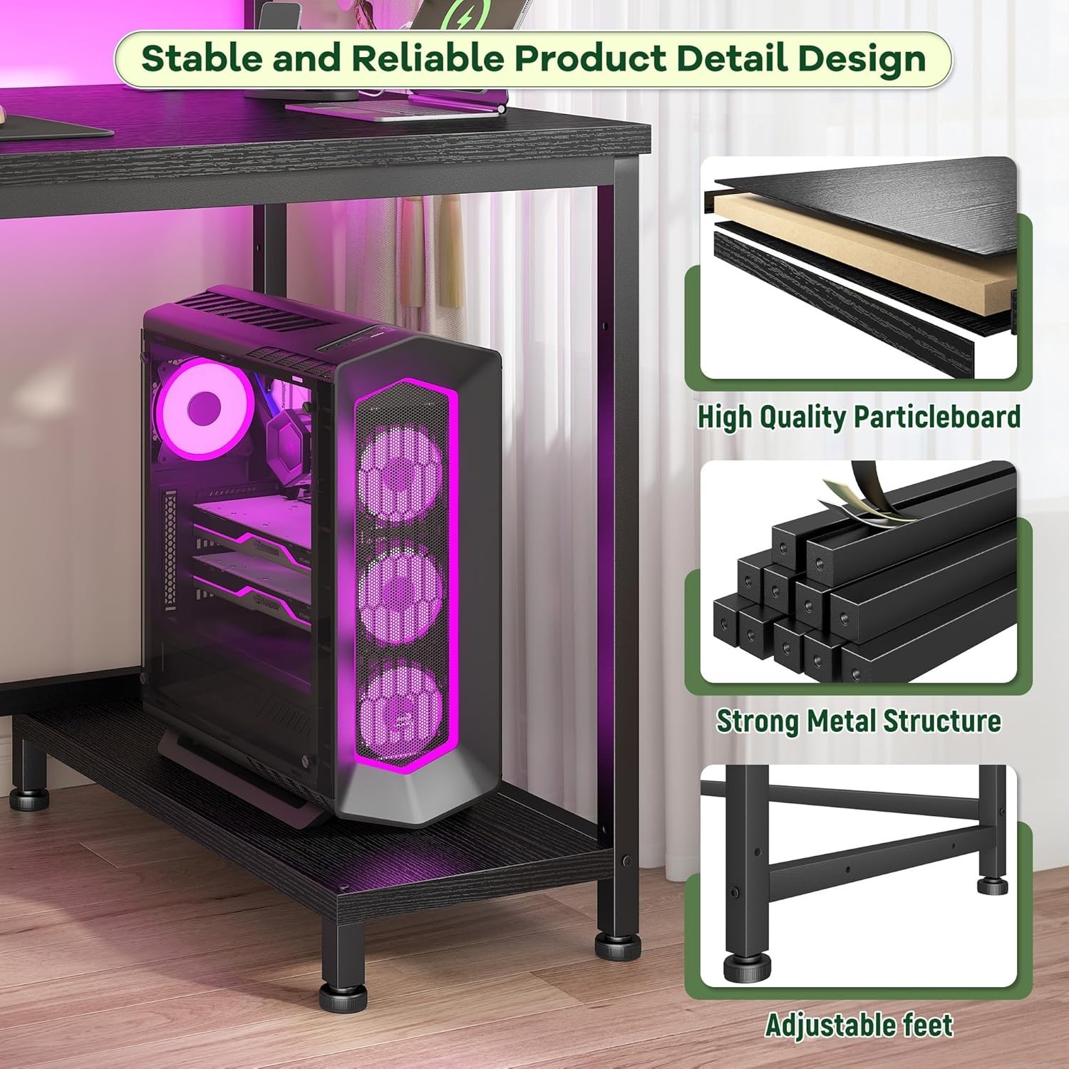39.3Inch Office Desk with Power Outlet & Drawer, Gaming Desk with CPU Stand& LED