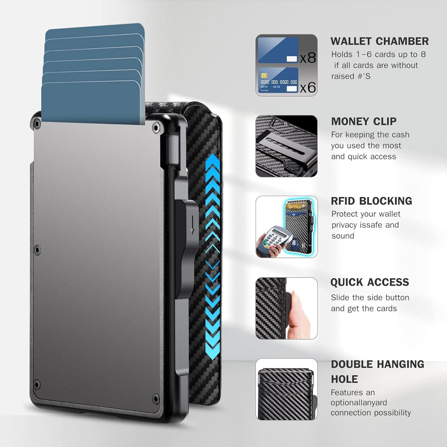 Men's Slim PopUp Bifold Carbon Fiber Wallet, RFID Blocking, Money Clip, Men Gift