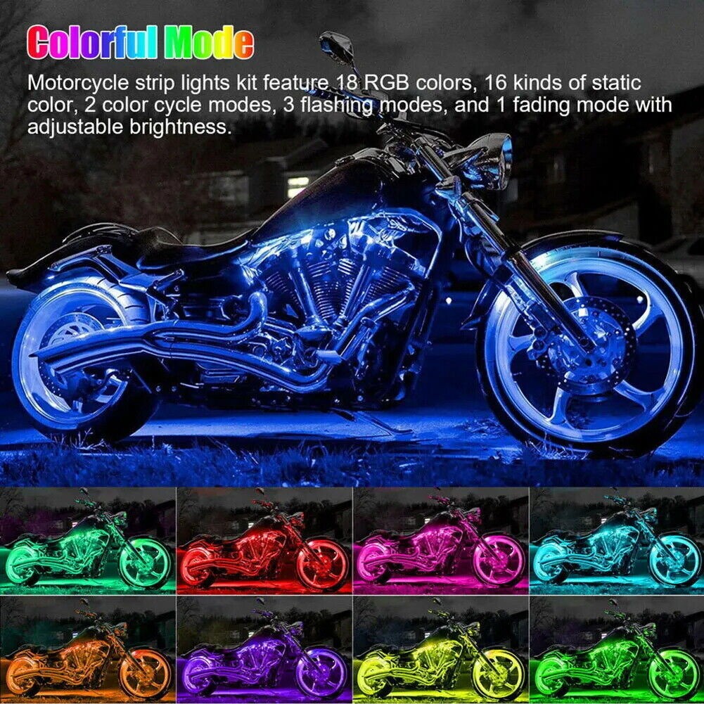 12PC RGB Bluetooth Motorcycle LED Light Under Glow Neon Strip Remote Control Kit