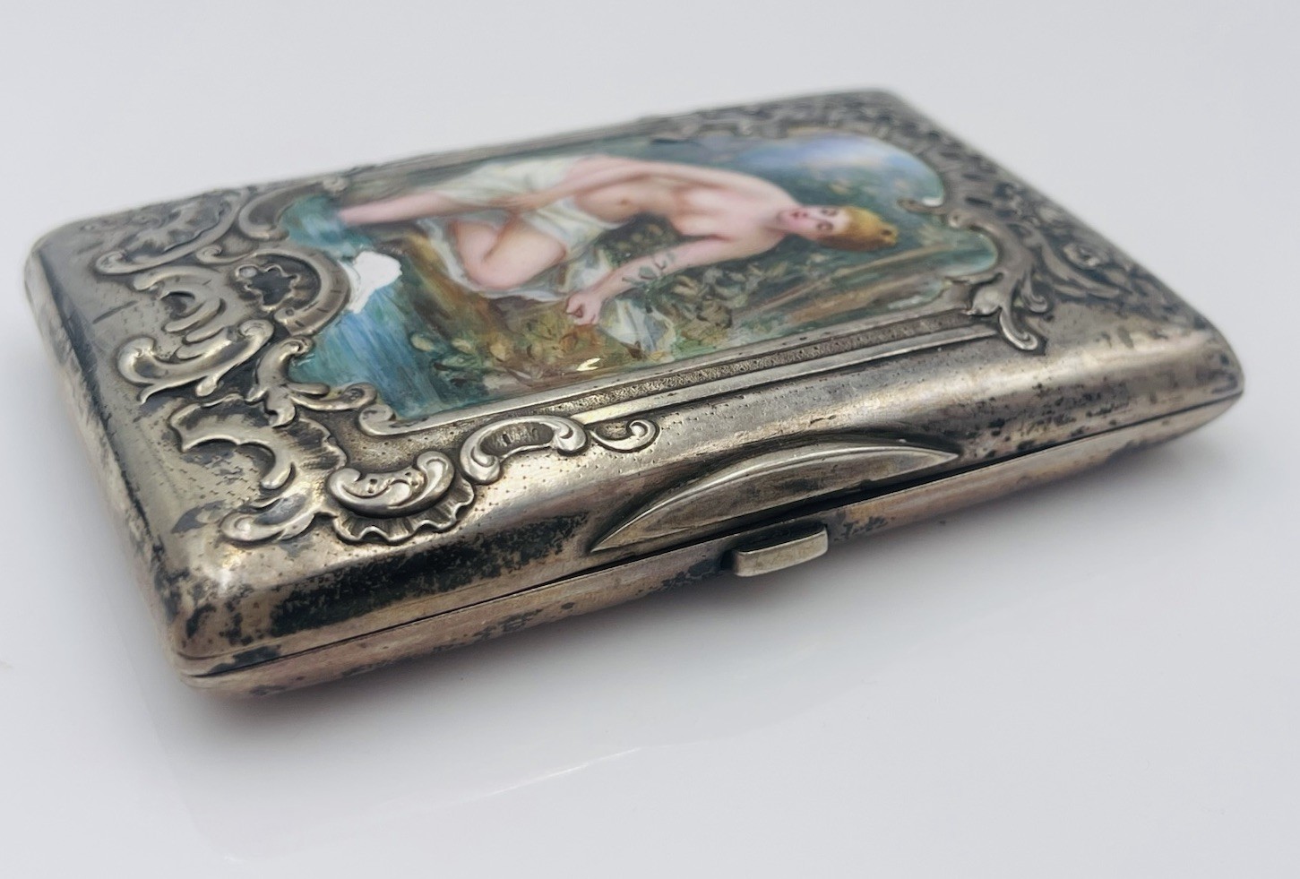 Antique Austrian Sterling Silver Enamel Nude Lady Cigarette Card Case