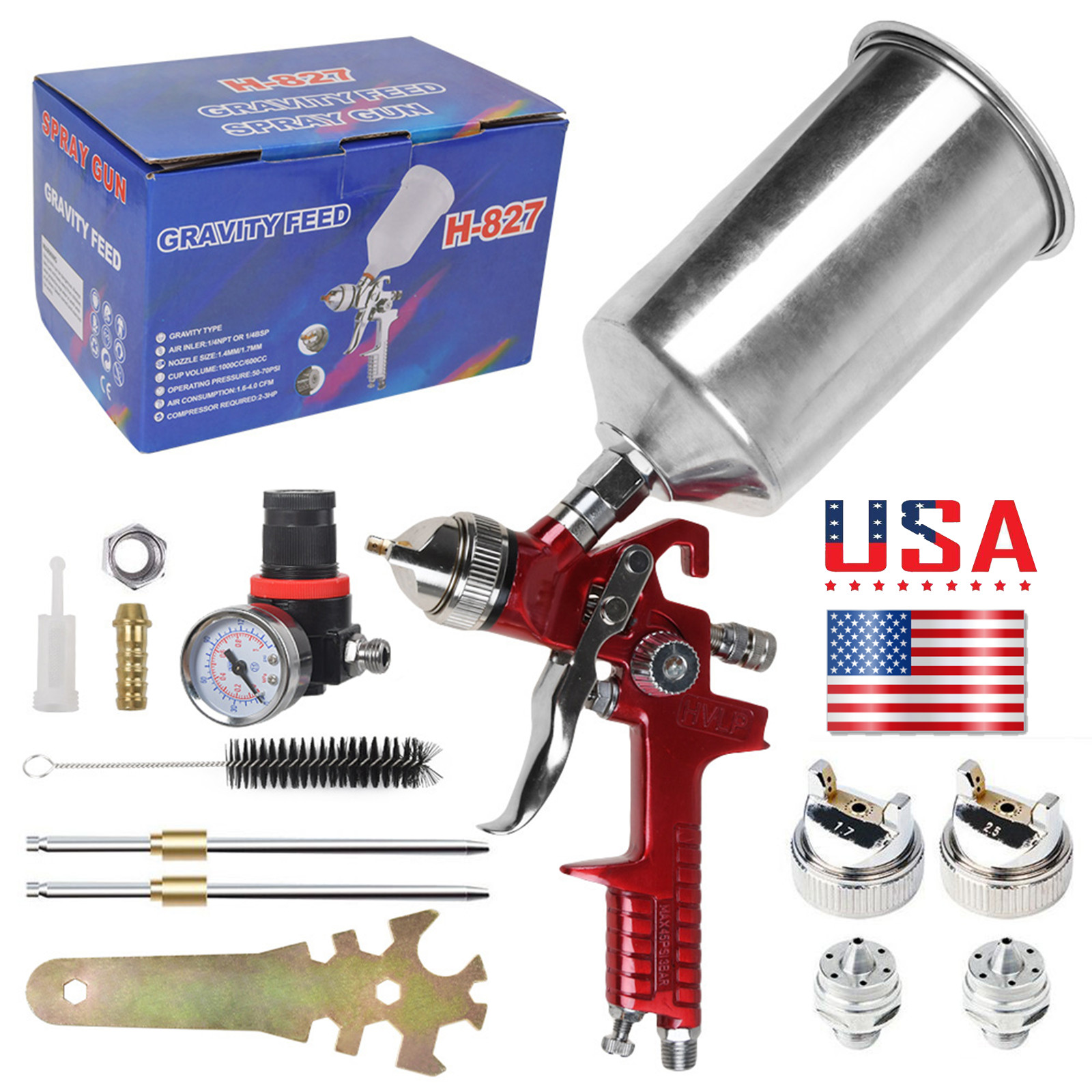 1.4/1.7/2.5mm Nozzle HVLP Air Feed Spray Gun Kit Car Paint Primer Clearcoat USA
