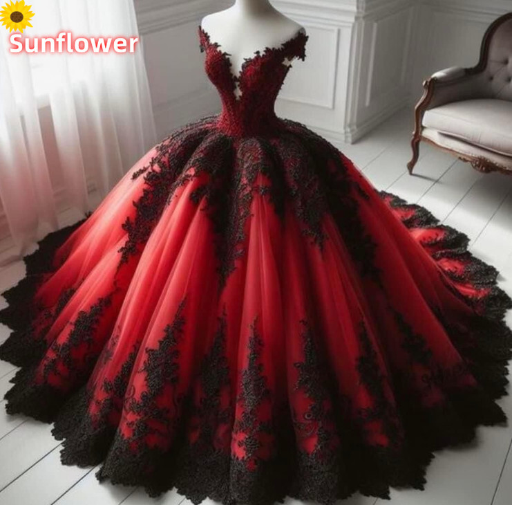 Gothic Red and Black Wedding Dresses  Off the Shoulder Tulle A-Line Bridal Gowns