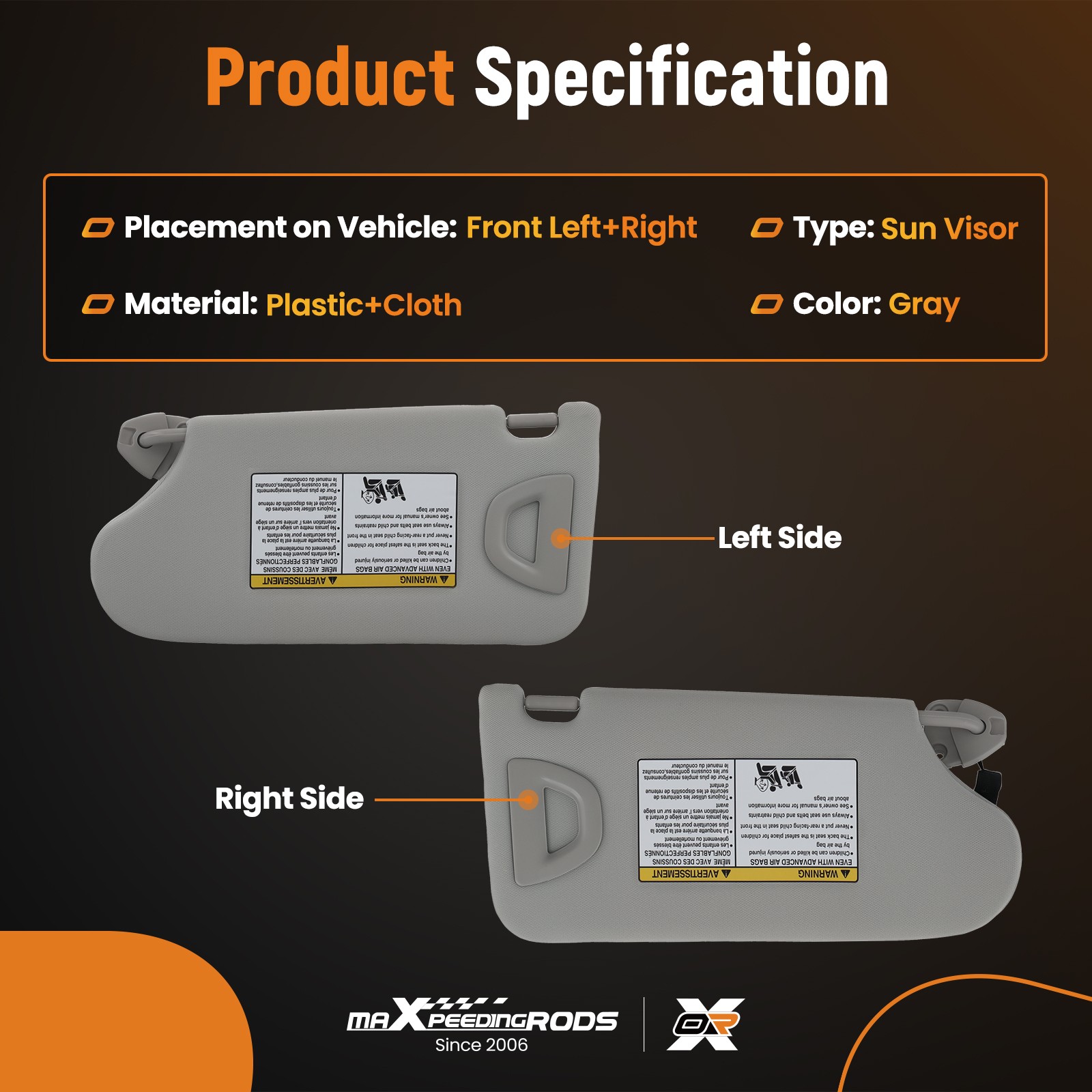 Driver+Passenger with Light Sun Visor for Nissan Altima 13-18 96401-3TA2A Gray