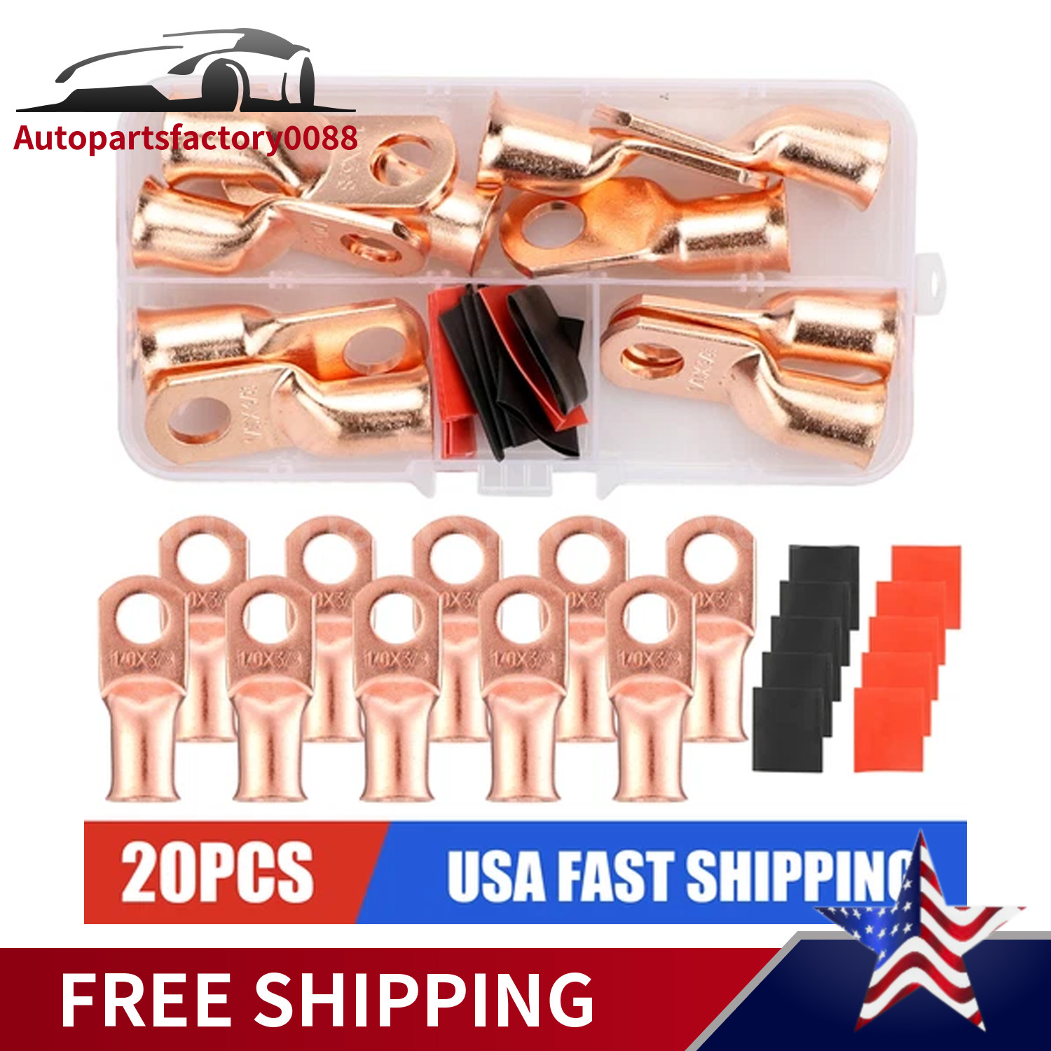 20PCS 1/0 AWG Gauge Copper Lugs W/ BLACK & RED Heat Shrink Ring Terminals