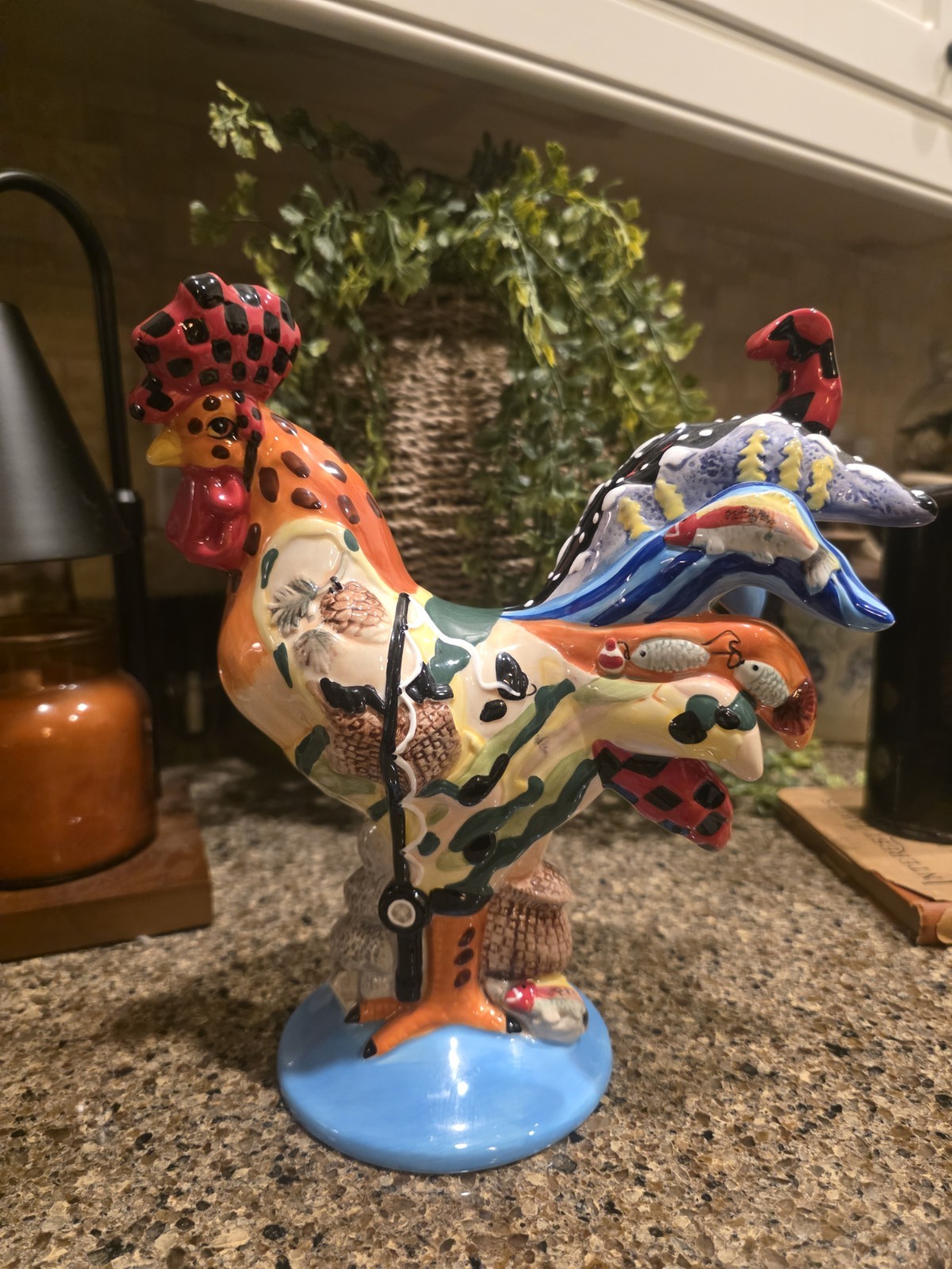 Rare Sharon Neuhaus Poultry In Motion Rocky Mountain Ceramic Rooster Fishing