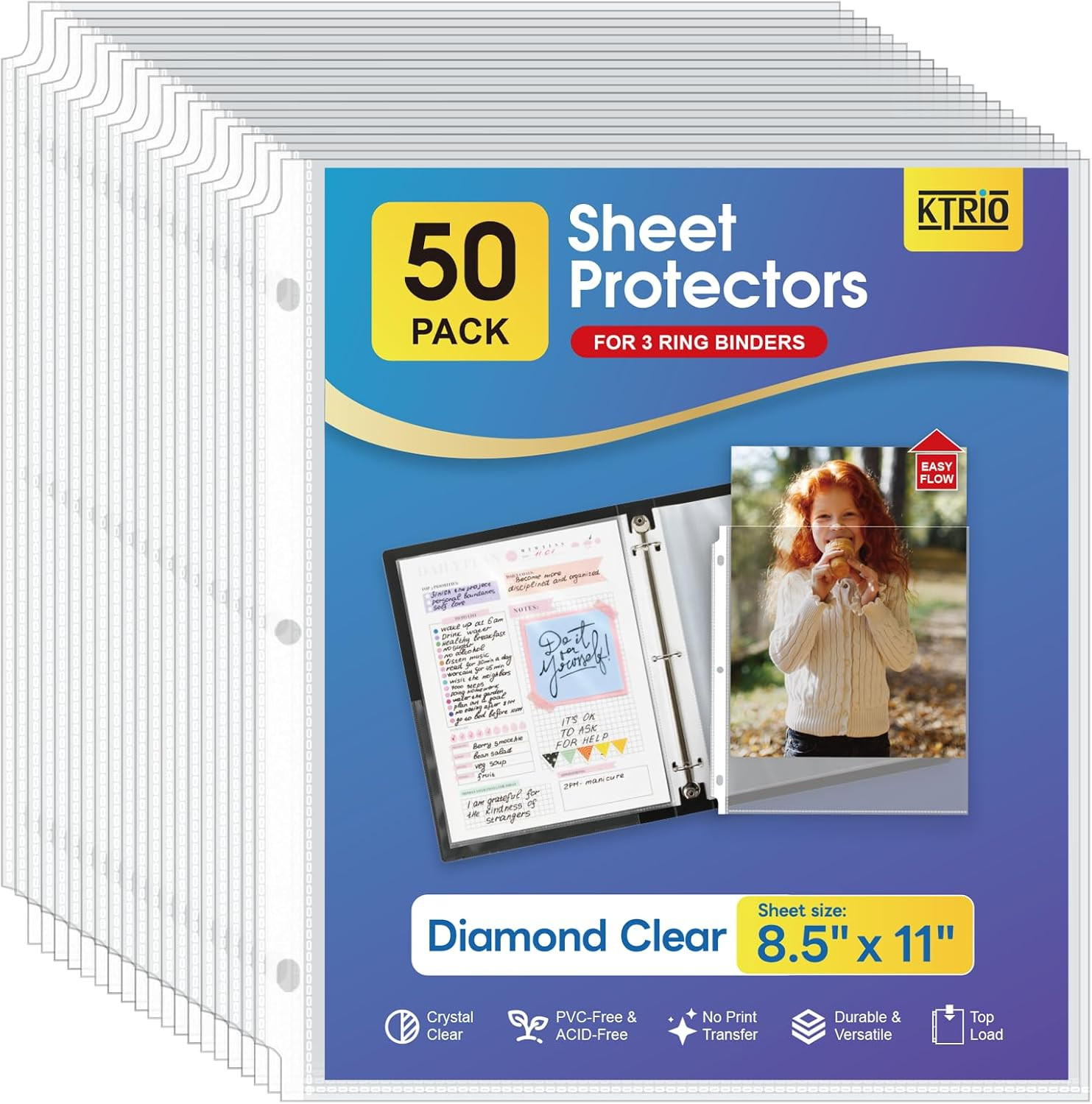 50 Clear Sheet Protectors 8.5x11 KTRIO Plastic Sleeves for 3-Ring Binder Pages