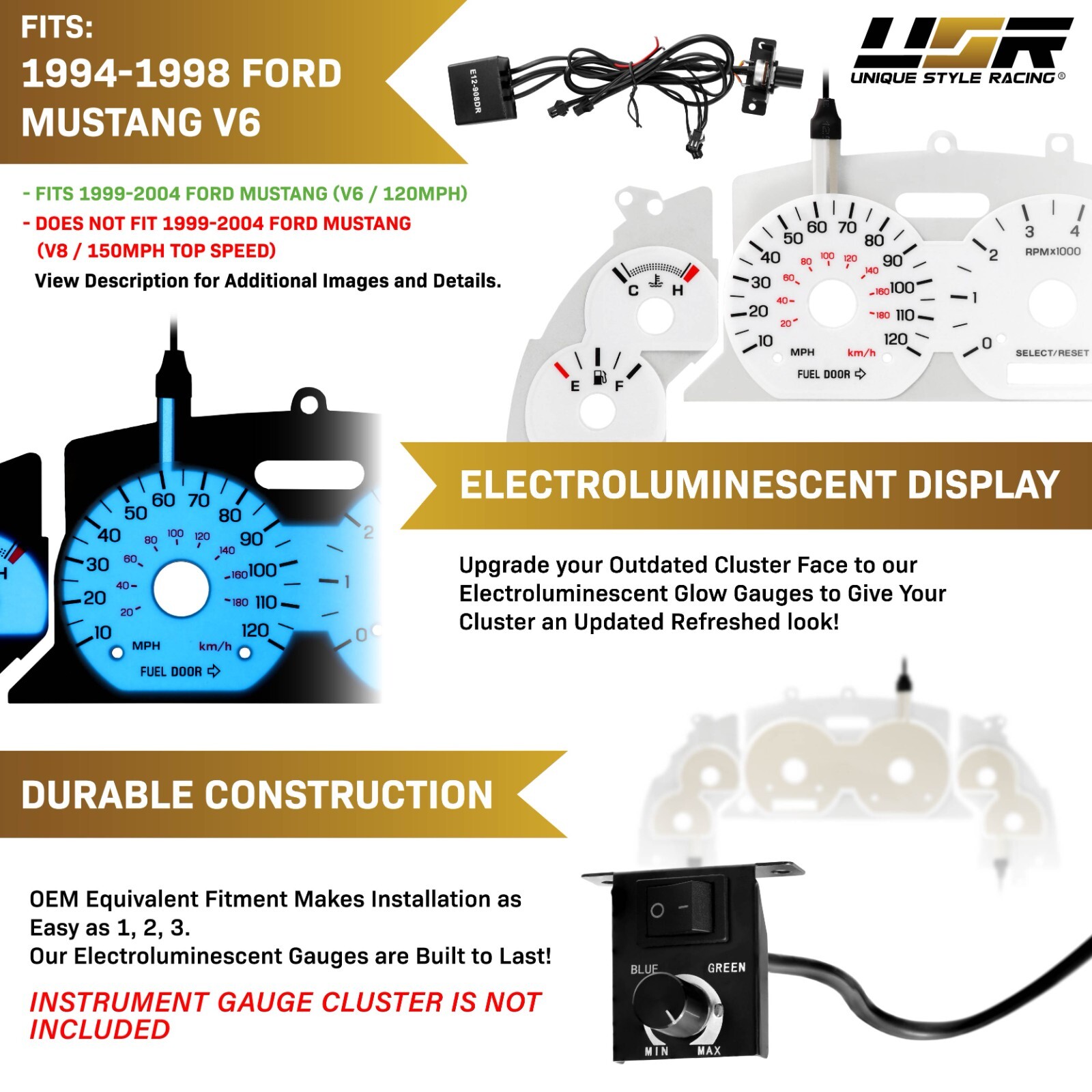 BLUE/GREEN Glow Gauge White Overlay For 99-04 Ford Mustang V6 120MPH Cluster