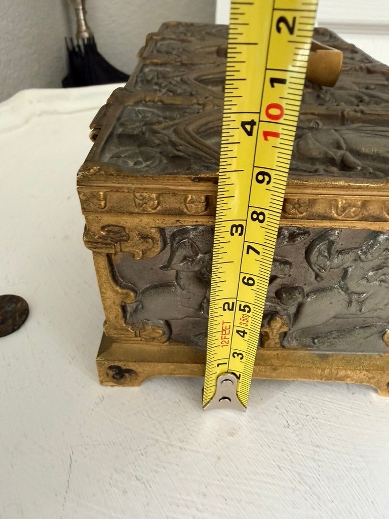 German Gothic Revival Silvered & Gilt Bronze Casket – Medieval Figural Relief –