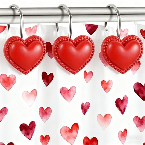 12PCS Red Heart Shower Curtain Hooks Valentine's Day Bathroom Decorative,