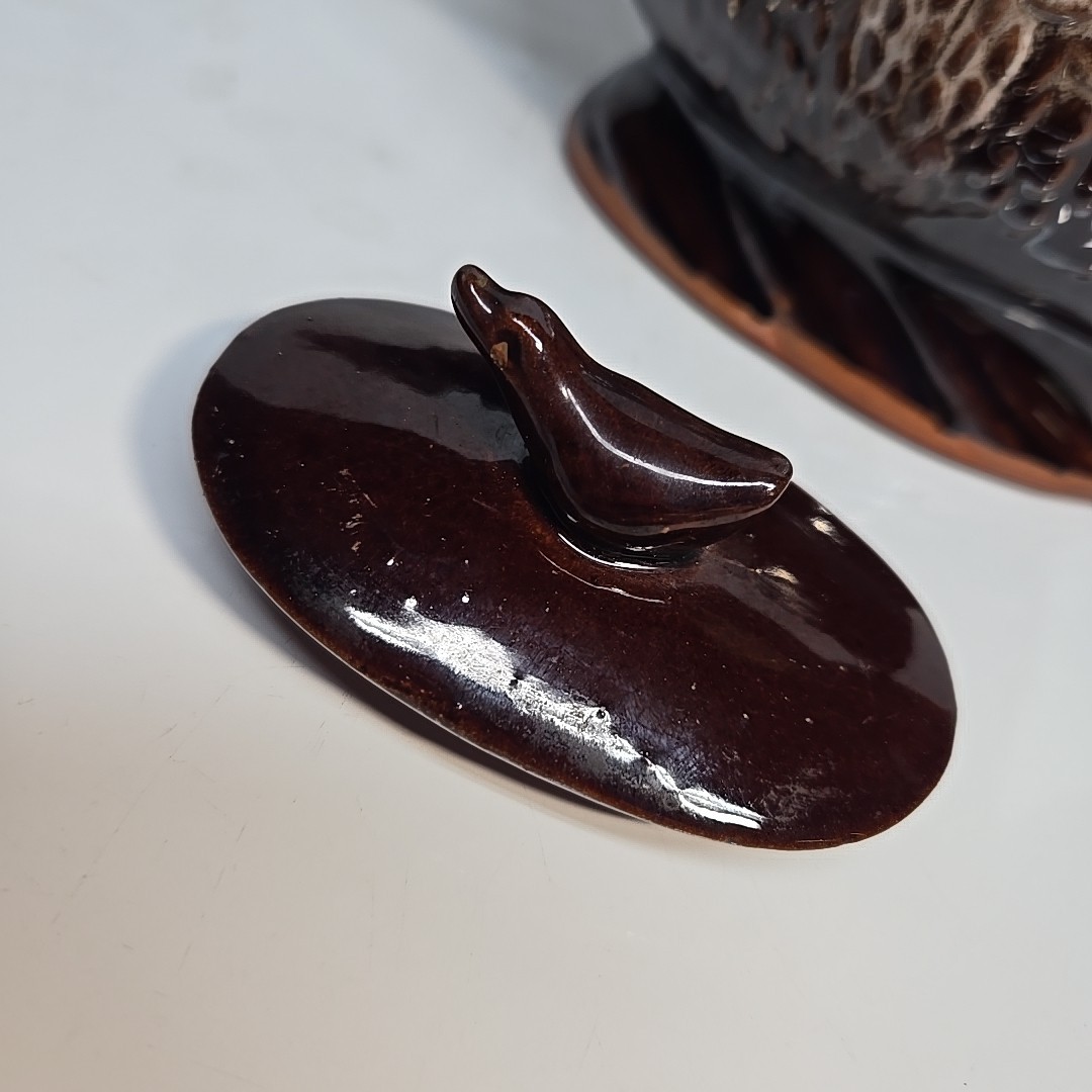 Vintage 1950's Redware Bird Shaped Teapot with Metal Spirl Handle 10in Long