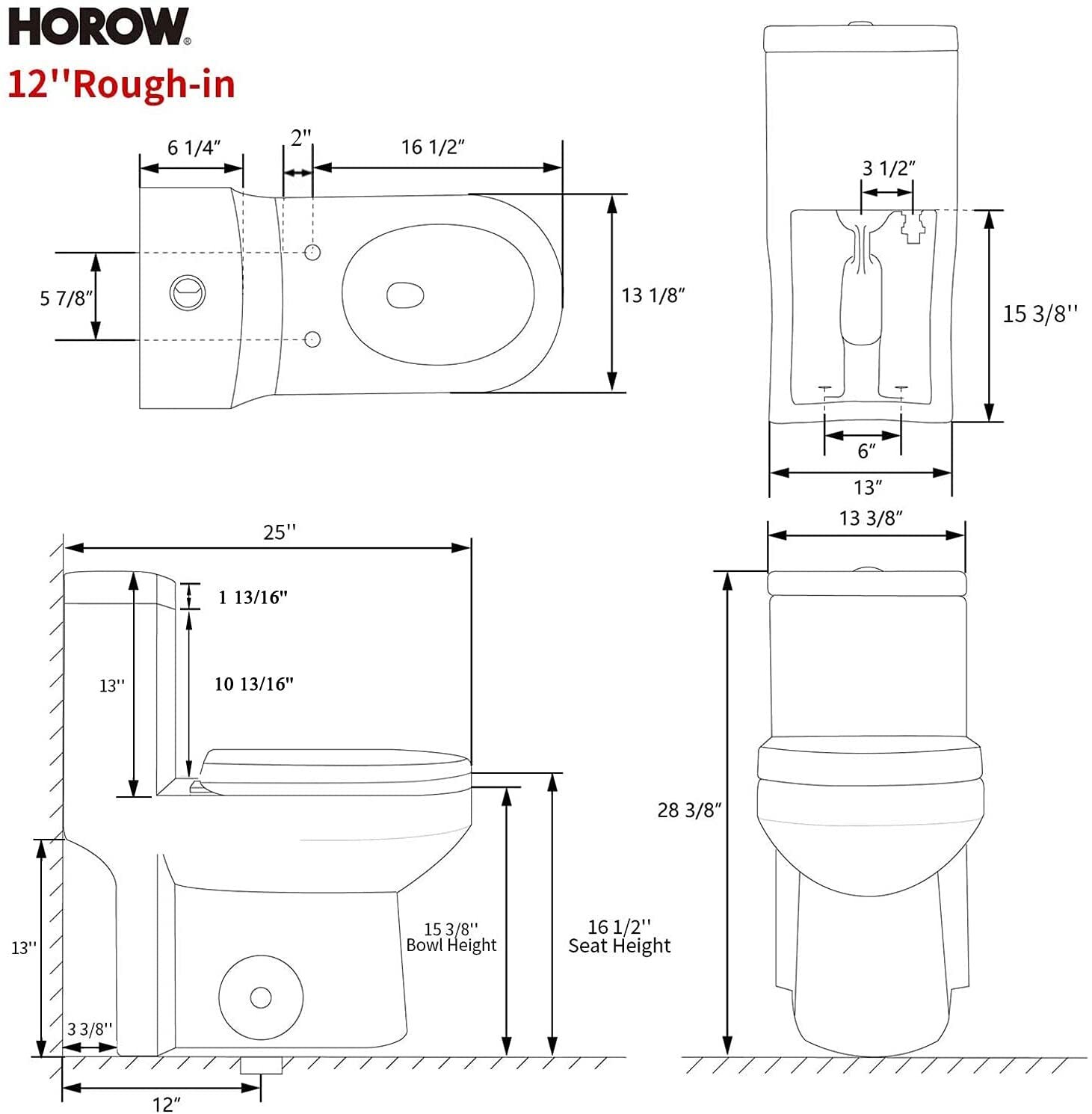HOROW Small Compact One Piece Toilet with Soft Closing & UF Seat 12'' Rough-In