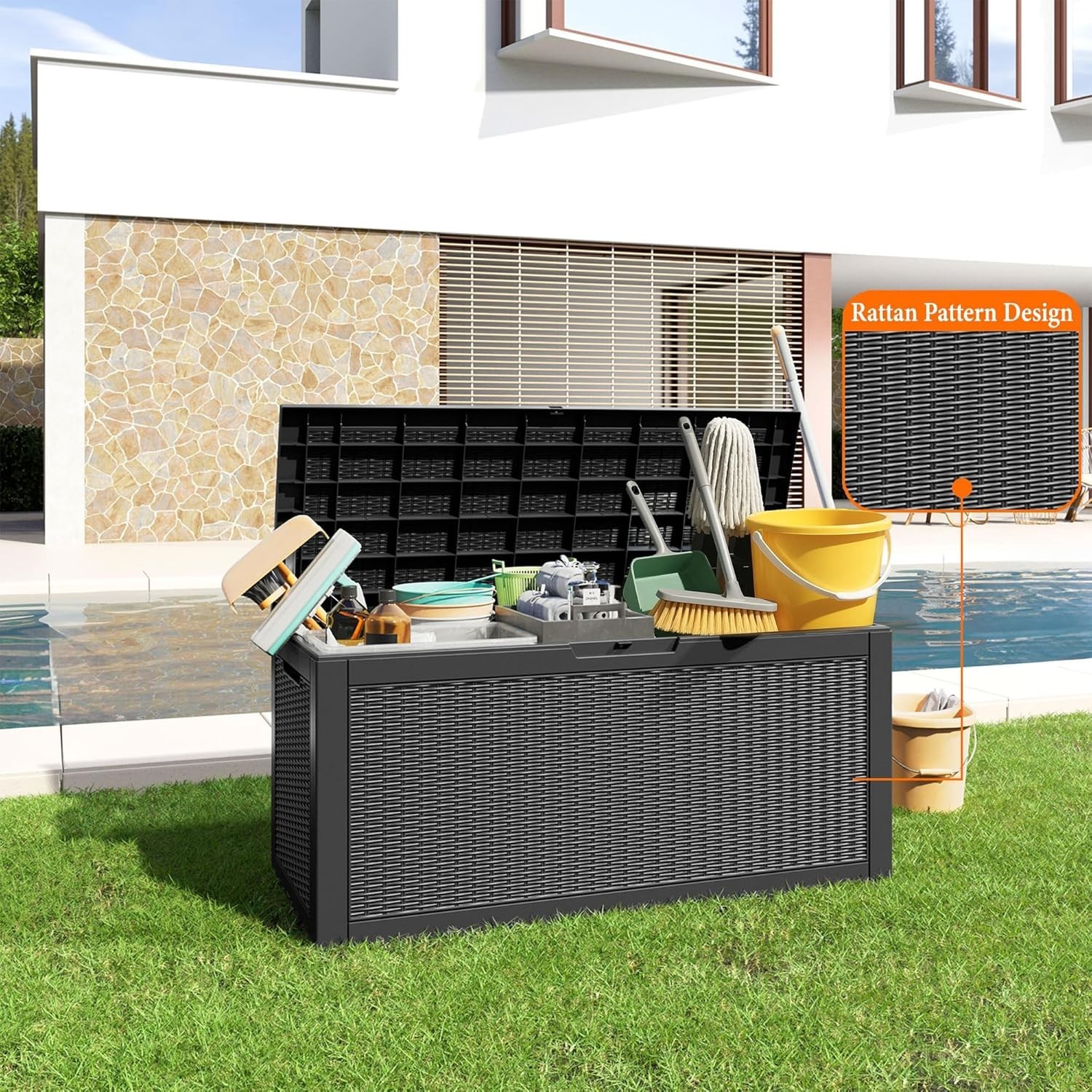 100 gallon resin deck box lockable outdoor storage waterproof black