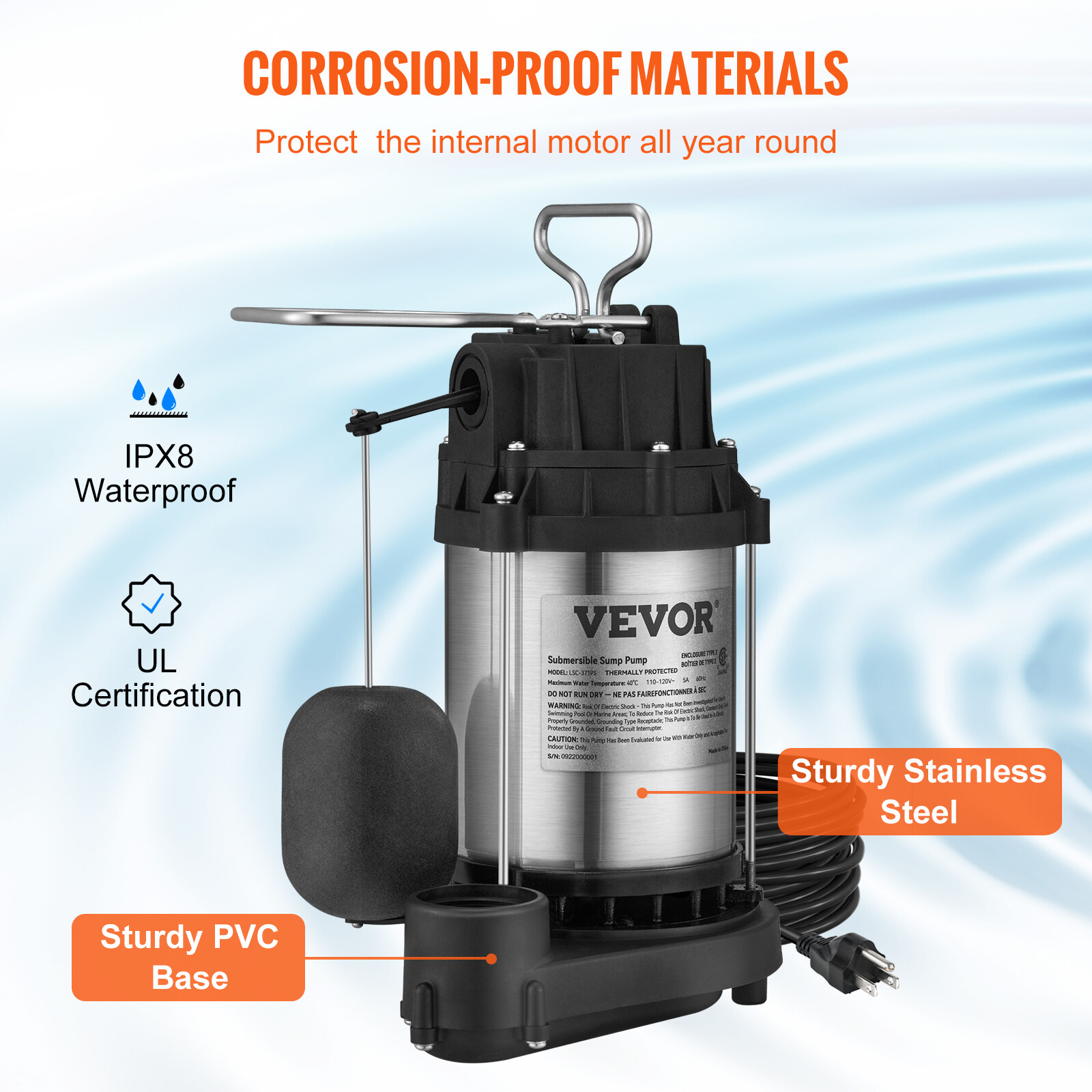 VEVOR Submersible Sump Pump Water Pump 1/2 HP 4320GPH Cast Iron Steel Basement