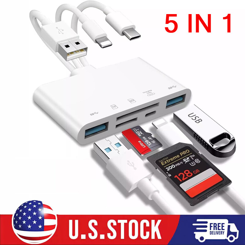 5 in 1 TypeC Fast USB3.0 OTG Adapter SD TF Card Reader For iPhone/Samsung/Camera