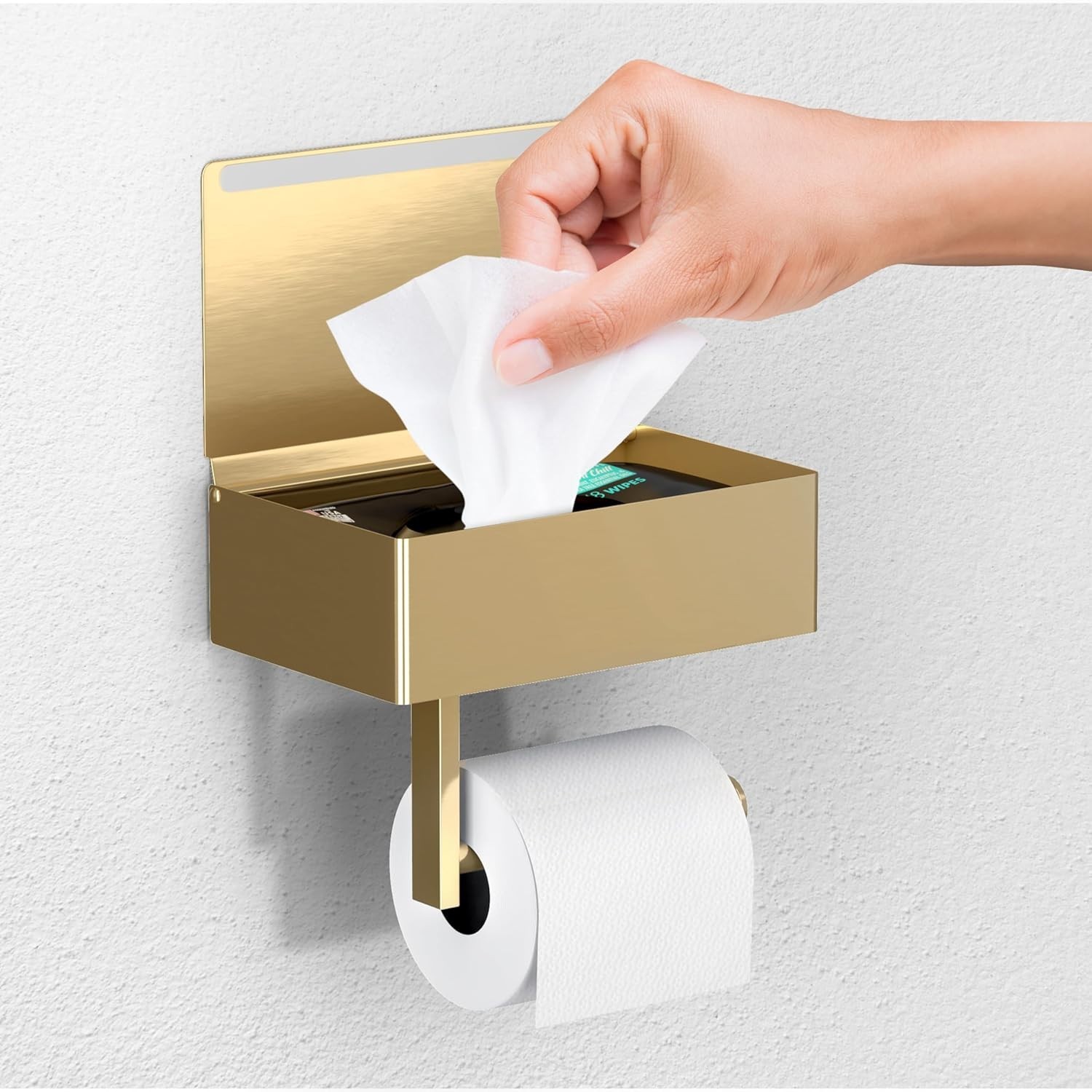 Brushed Gold Toilet Paper Holder with Shelf & Wipe Dispenser - Modern Elegance