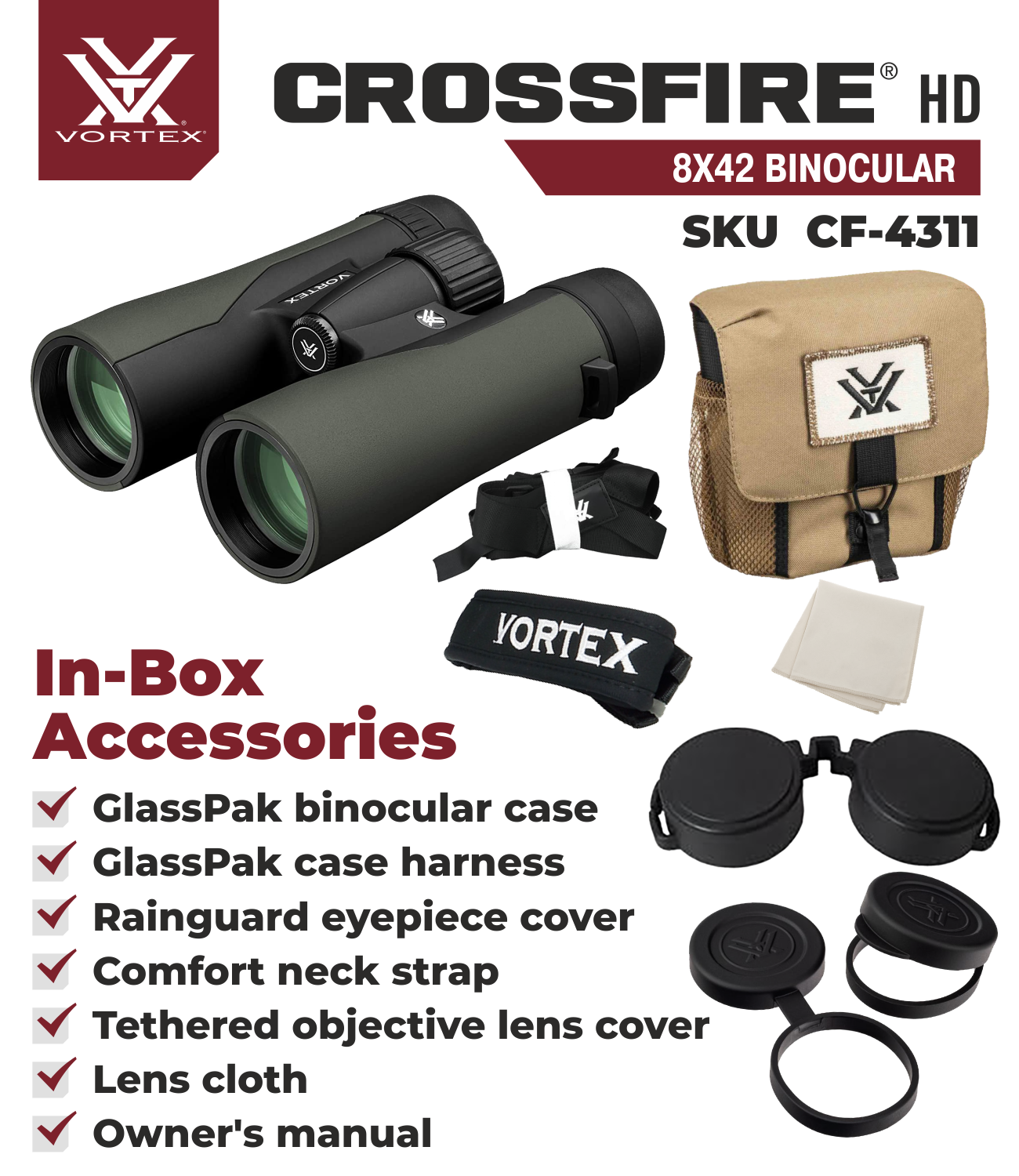 Vortex Optics Crossfire HD 8x42 Green Binocular w/ Free Camo Digital Hat Bundle