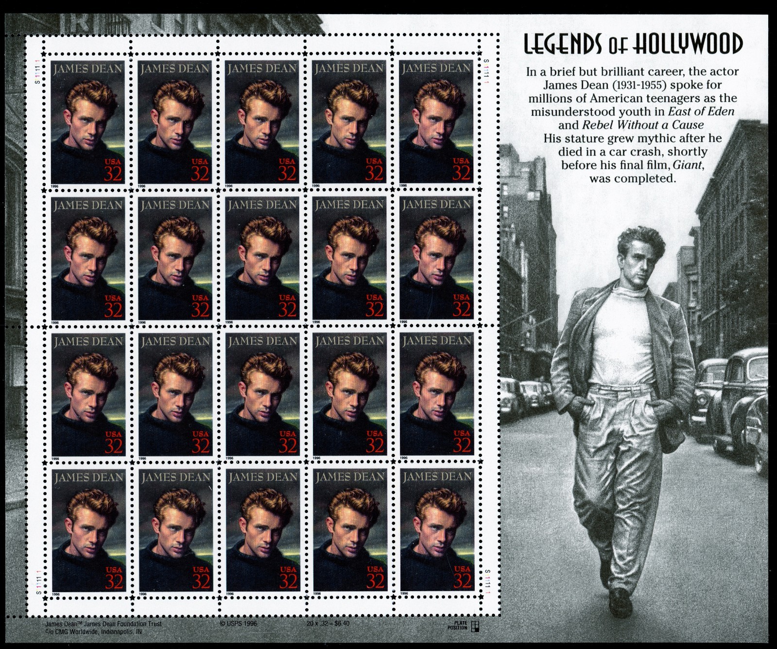 US 3082  James Dean 32c - Legends of Hollywood Pane of 20 - MNH - 1999