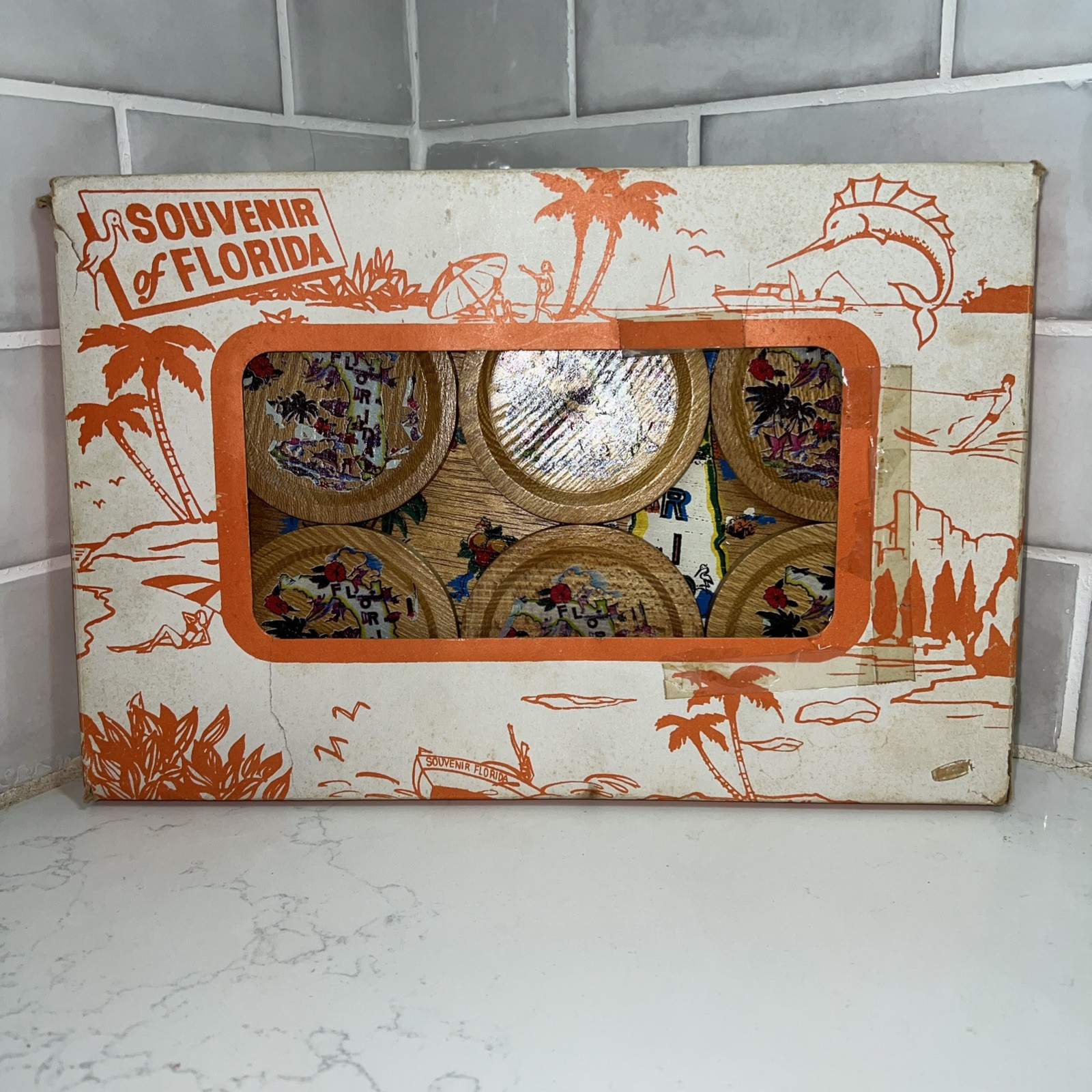 Vtg 6 Wooden Coaster & Serving Tray Set Souvenir Florida Painted Wood In Boz