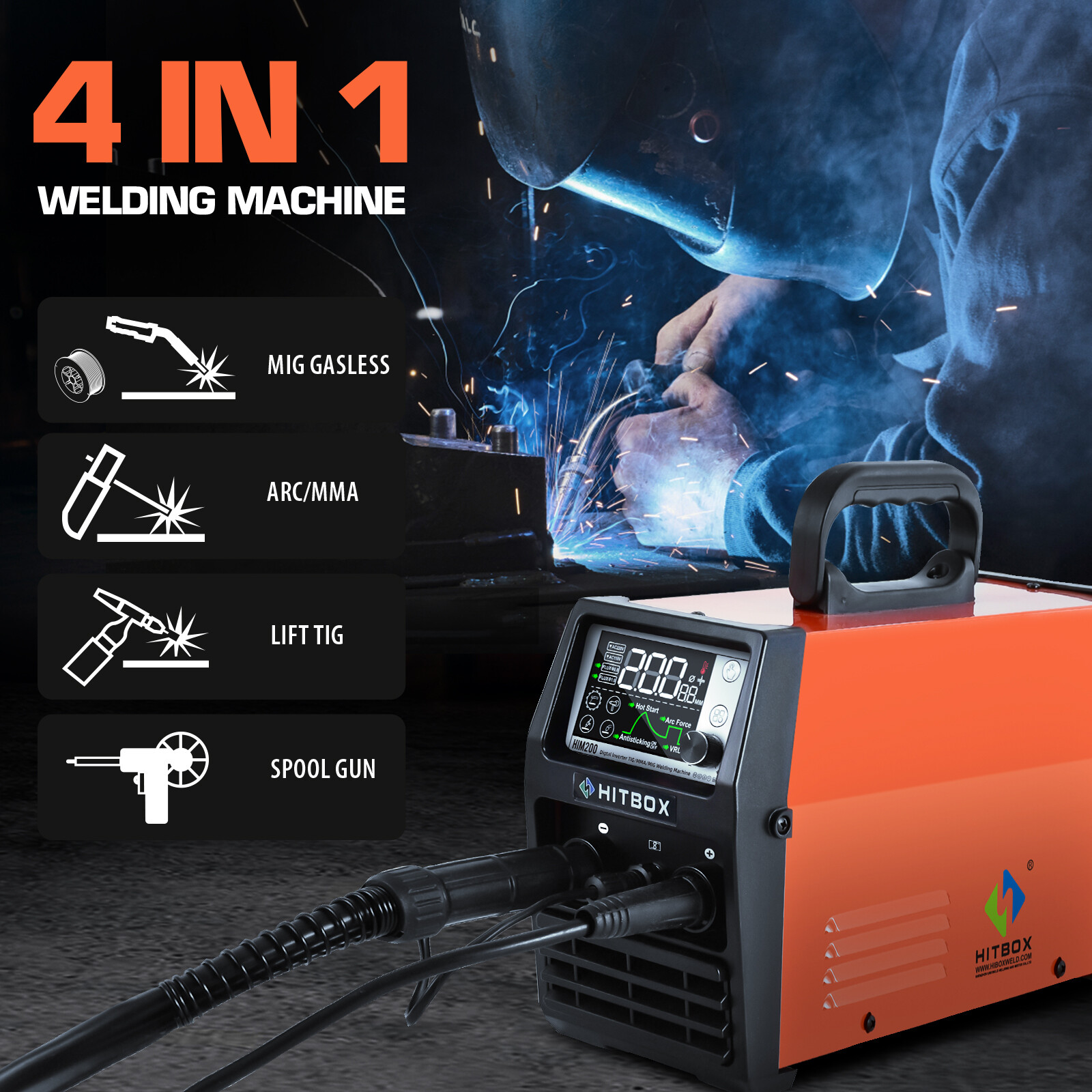 HITBOX 4 IN 1 Inverter Welder 110V 220V MMA Lift TIG MIG Gasless Spool Gun