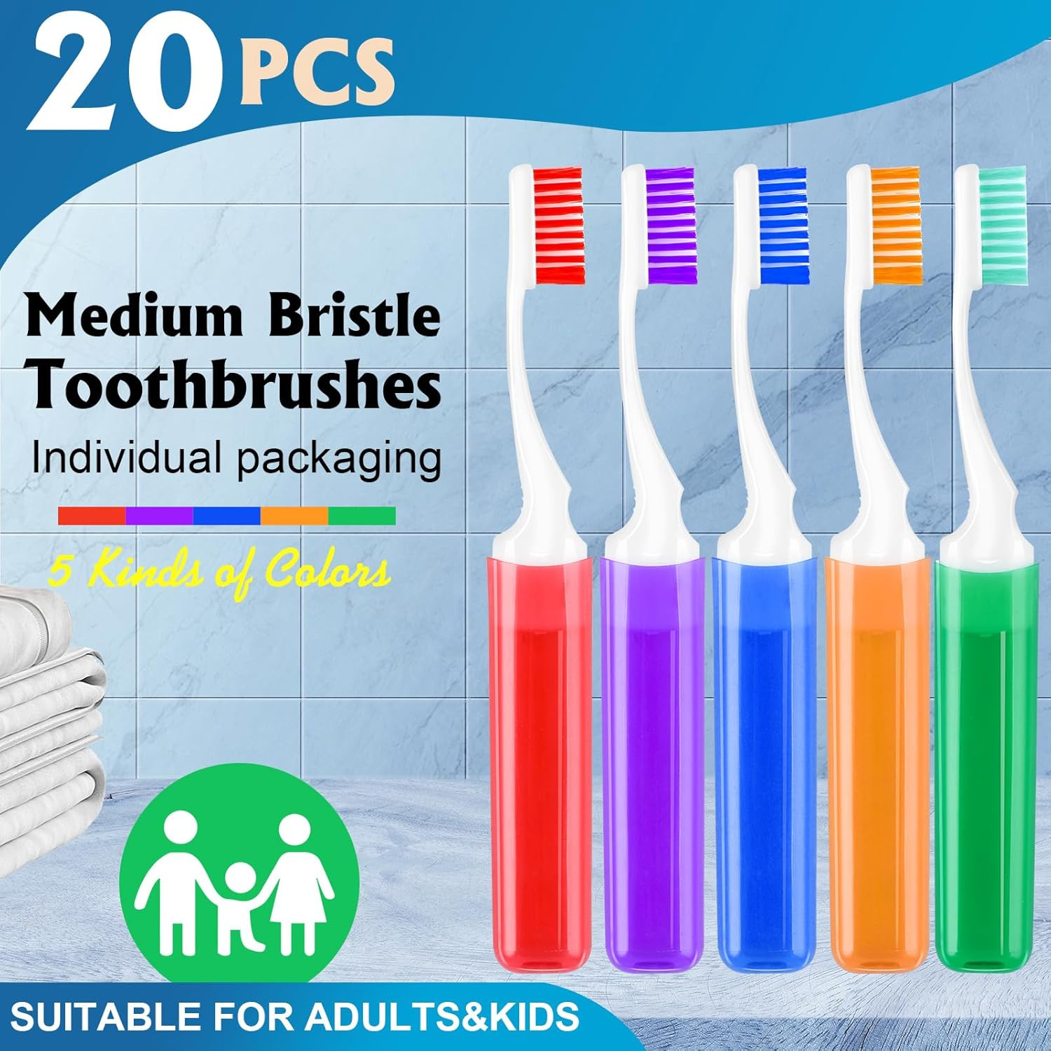20 Pack Travel Folding Toothbrushes Medium Bristles Portable Camping Hygiene