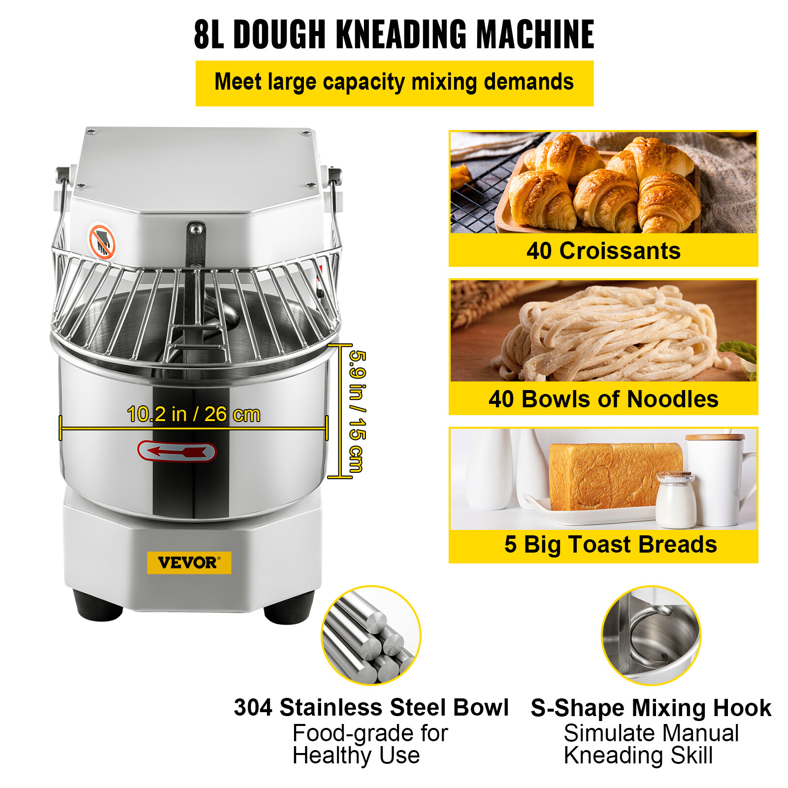 8QT Commercial Dough Mixer Spiral Food Mixer Pizza Bakery Dual Rotating 450W