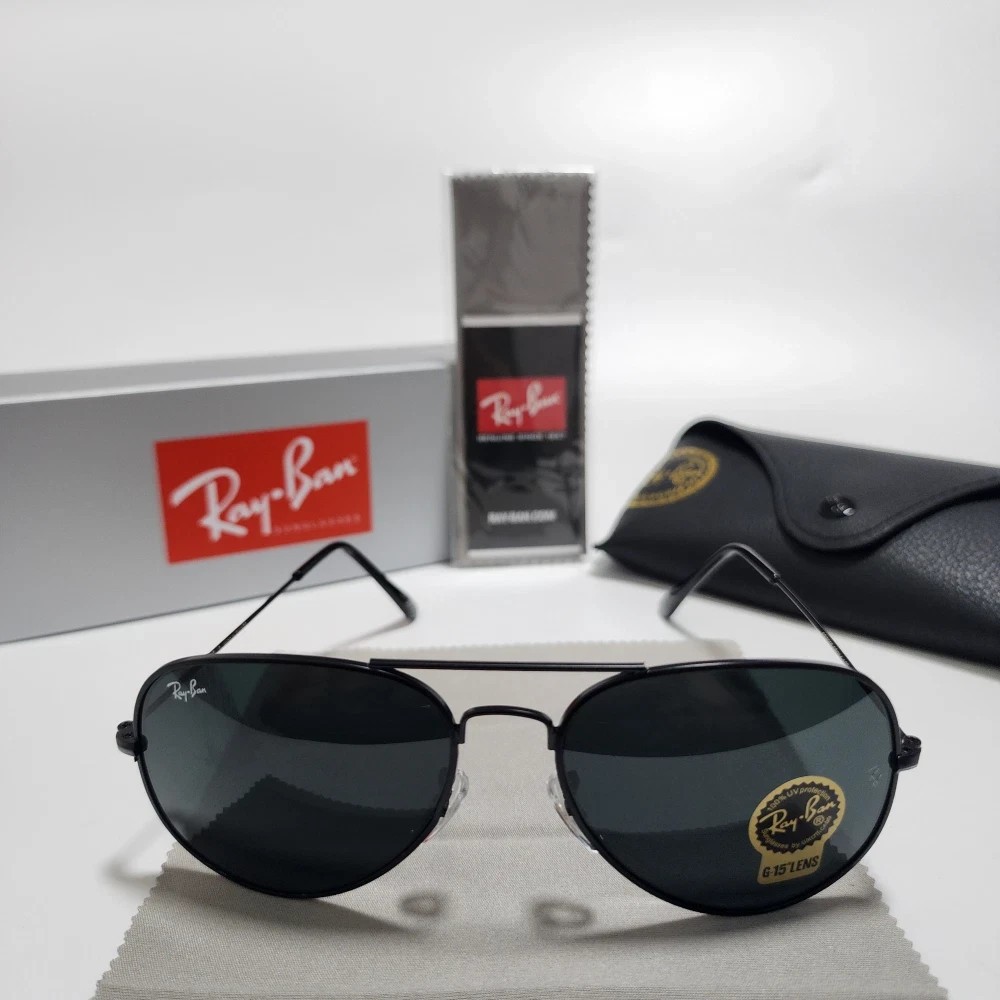UK Ray-Ban RB3025 Aviator Pilot Sunglasses Black Frame Glass Gray Lens 58-14mm