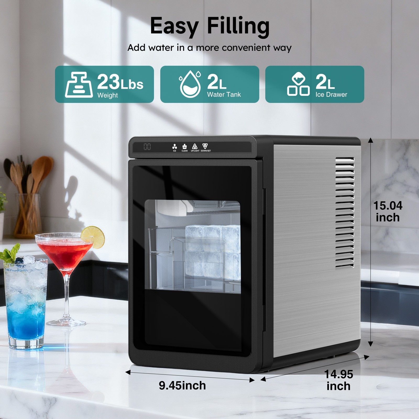 Countertop Ice Maker Clear 3 Cubes Ice Machine 22lbs Daily Output 1.6" Ice Cubes