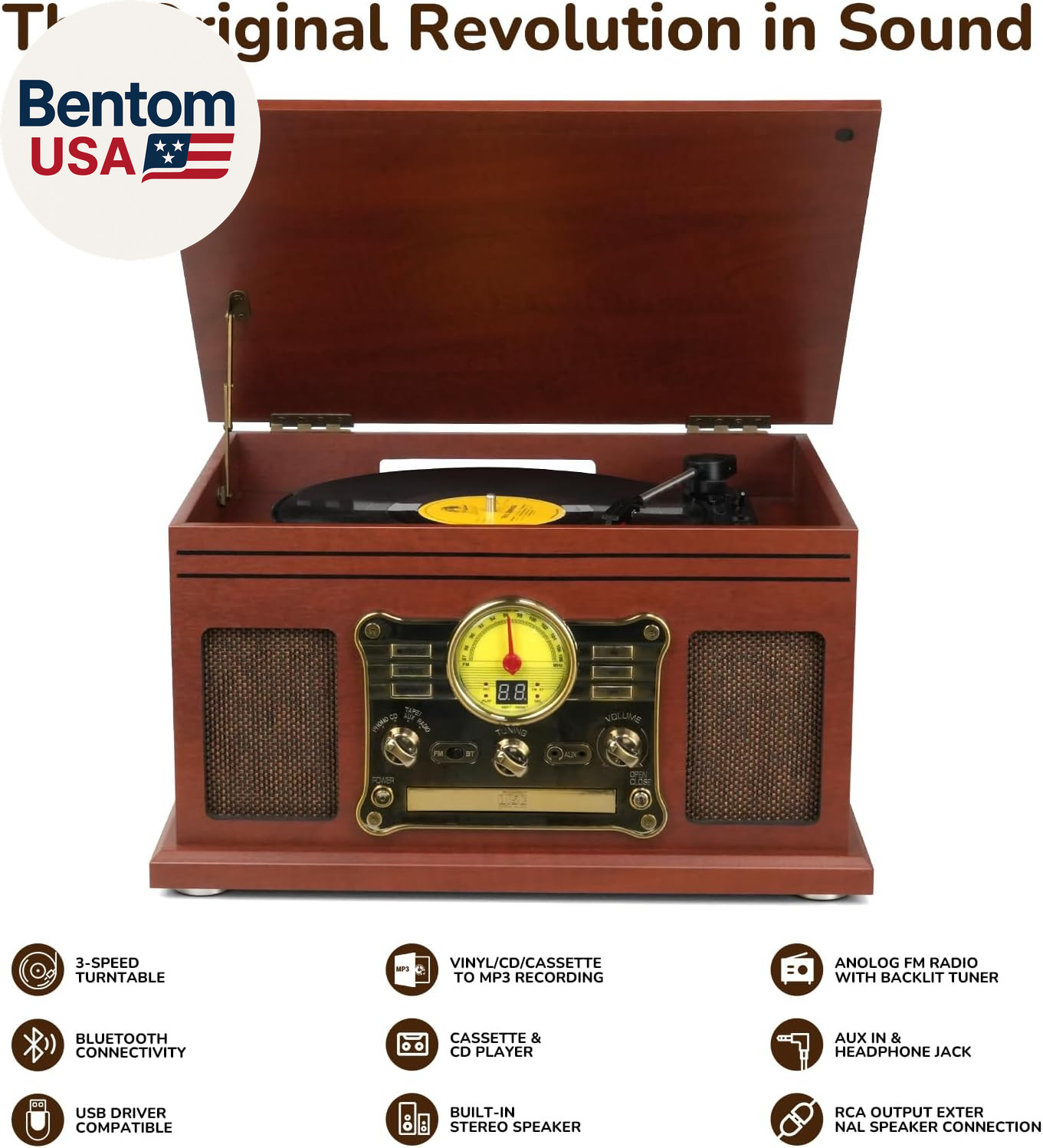 Bluetooth Record Player 10 in 1, 3-Speed Turntable for Vinyl with Speakers, LP t