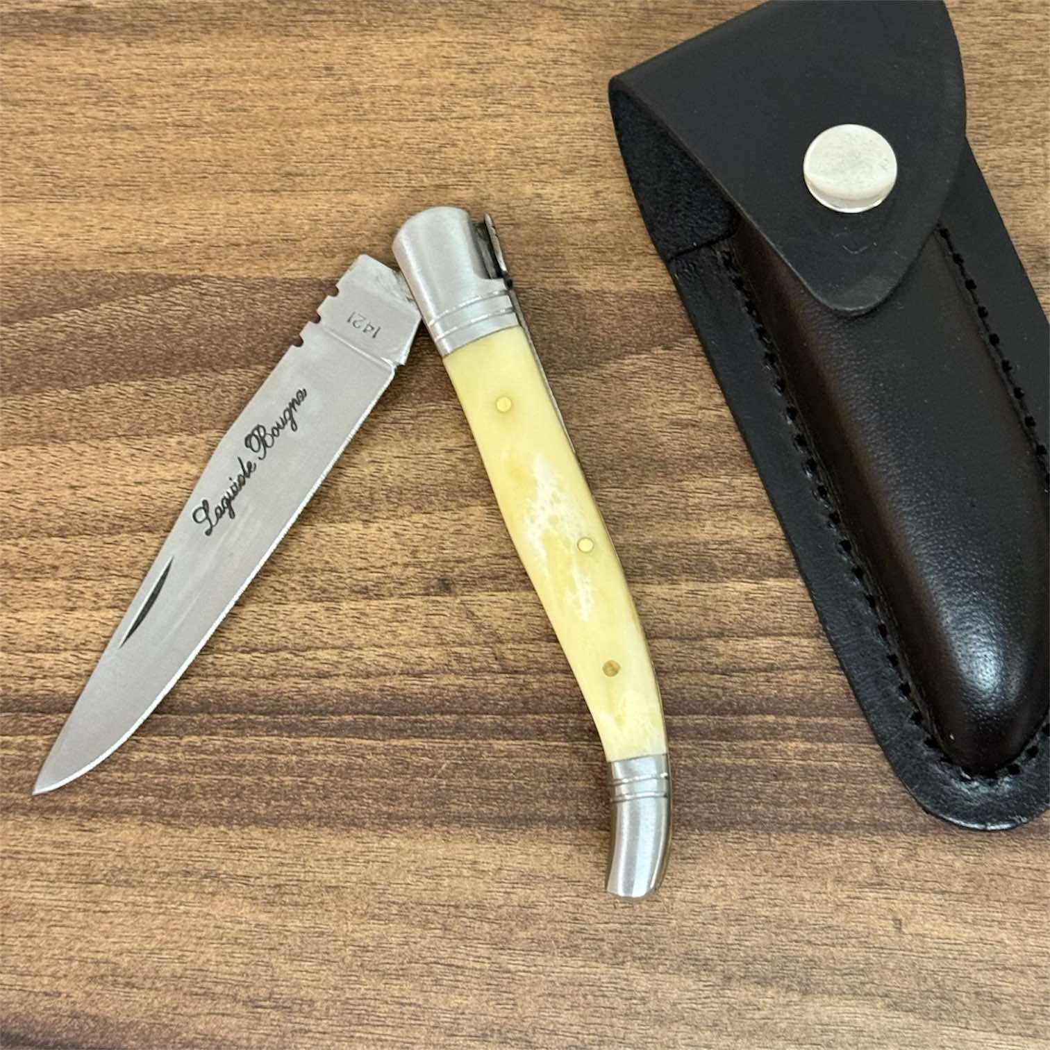 Vintage Laquiole Pocket Knife Blade Steel Antler Handle Leather Sheath Mens Rare