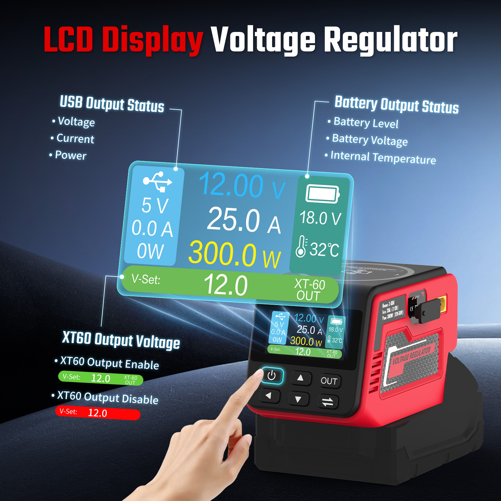 300W Voltage Regulator 2-30V DC Output Compatible with Milwaukee 18V Battery