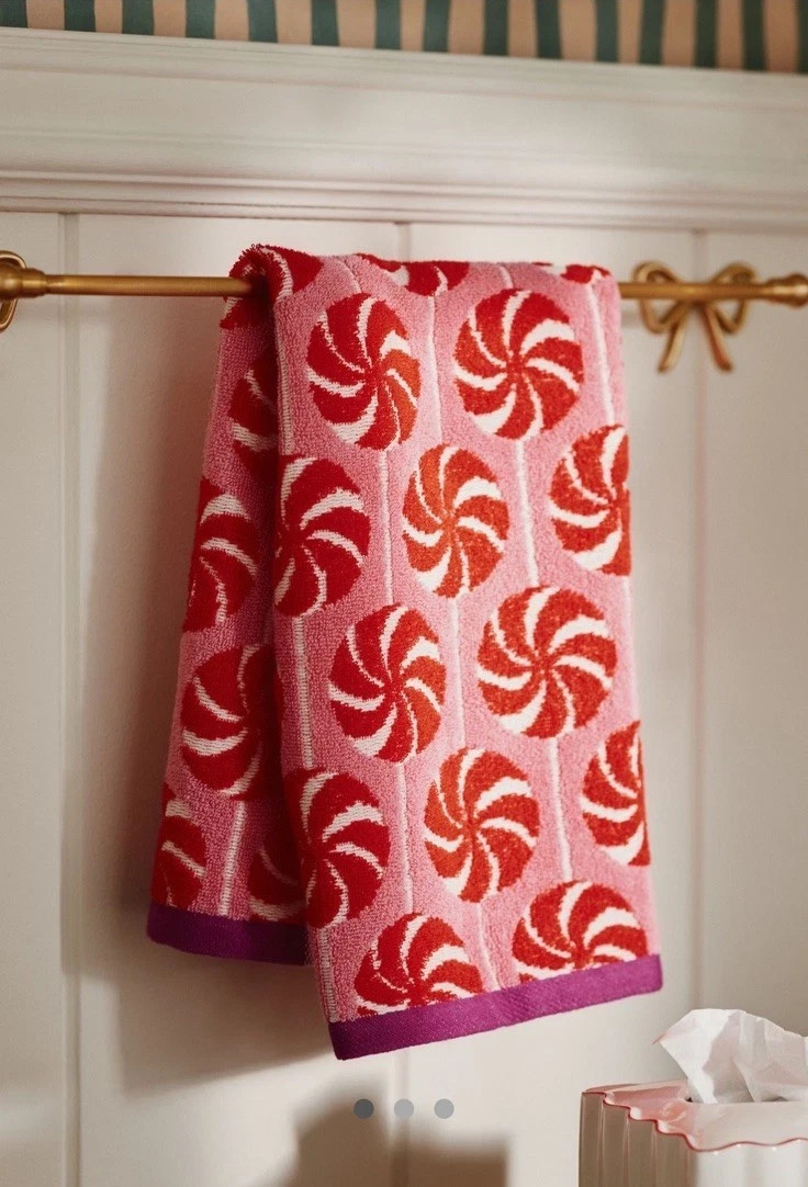 Anthropologie Peppermint Holiday  Cotton Hand Towel Red Pink Christmas Bath NEW