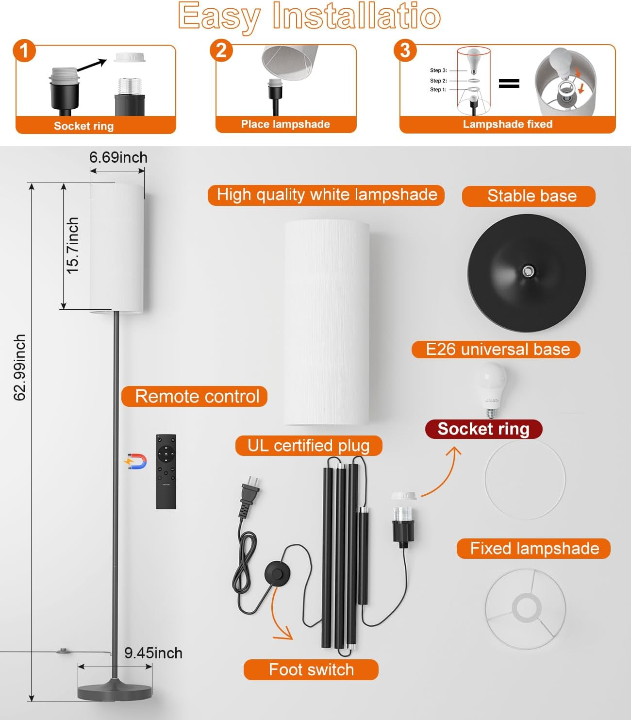 LED Floor Lamp for Living Room, Dimmable Standing Lamps with Foot Switch,Remote