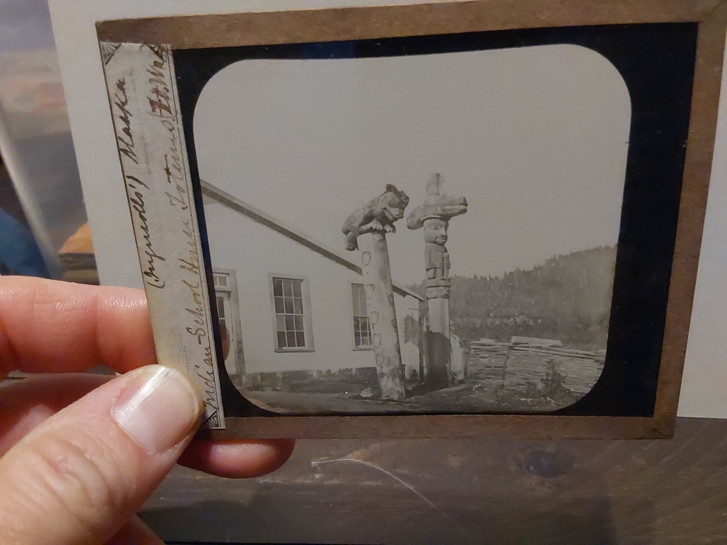 Alaska Indian School House Totem Poles Glass Magic Lantern Slide Native American