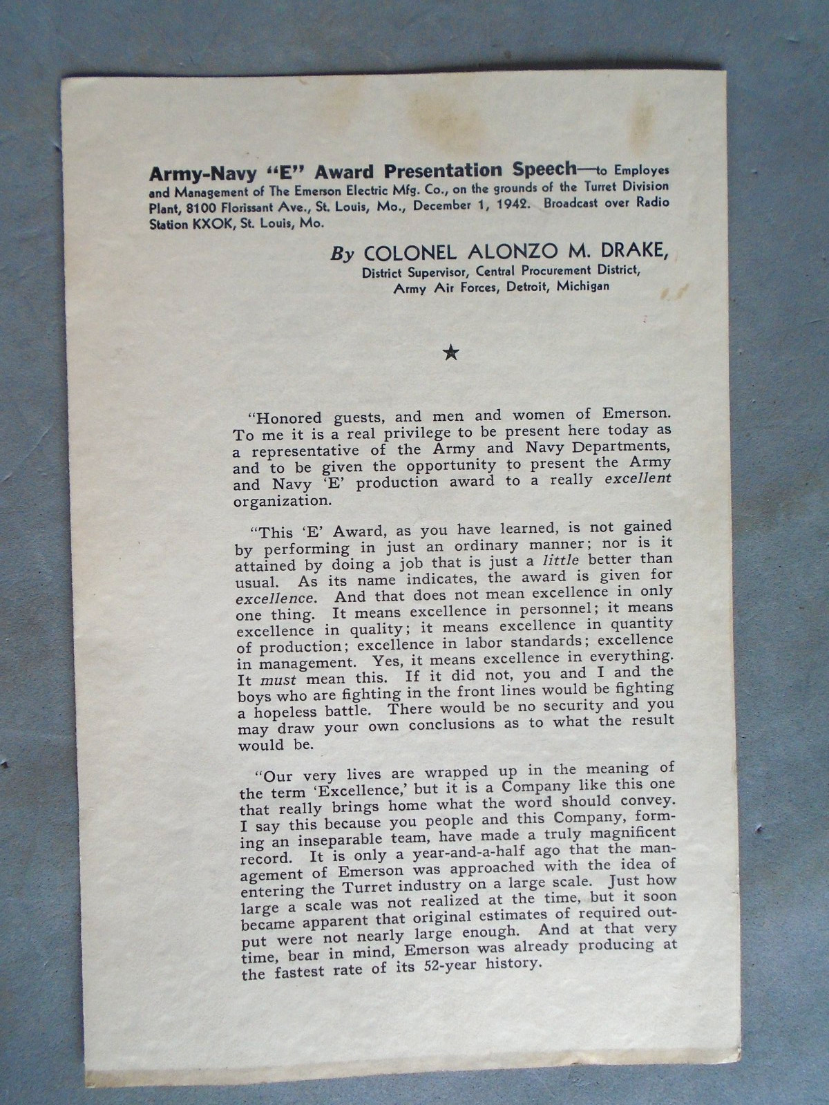 Army-Navy "E" Award Presetation Speech, 1942 Emerson Electric, St Louis