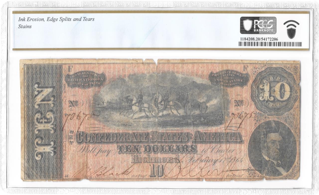 Confederate Note Poem On T-68 $10 1864 PCGS VF20 Det 1901 Reunion Commemorative