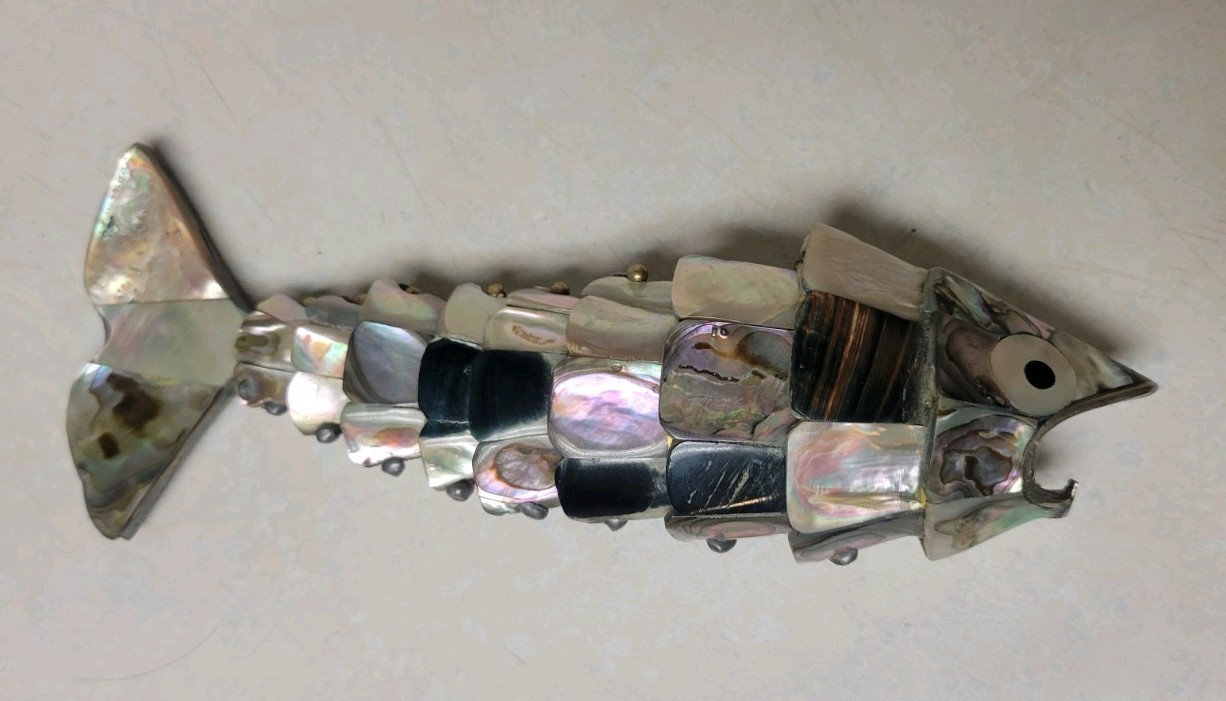 Vintage Mexican Articulated Fish Bottle Opener Abalone Shell Inlay 7 Inches