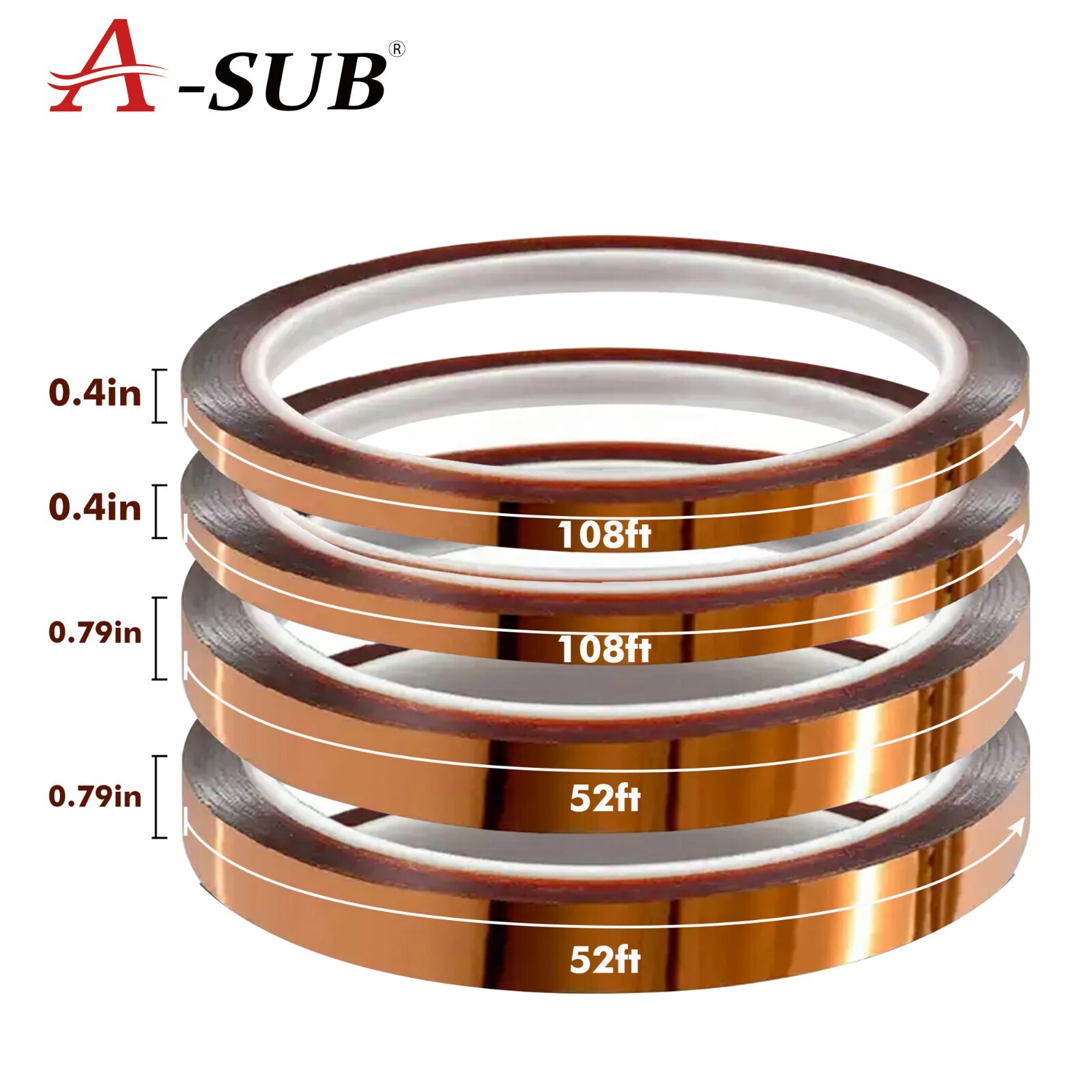 A-SUB 4 Rolls Polyimide High Temperature Tapes Heat Resistant 10mm, 20mm