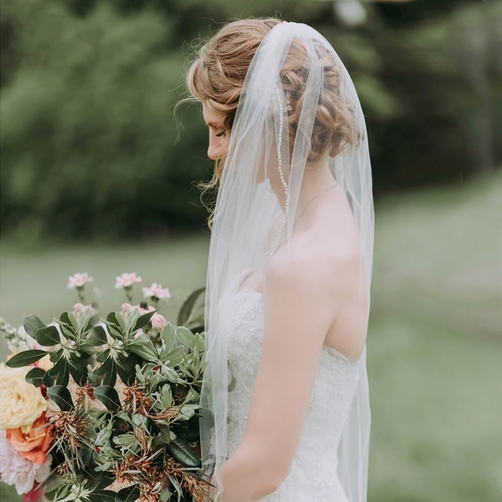 Bridal Veil Pearl Beaded Edge Fingertip Length Wedding Veil for Women White 3...