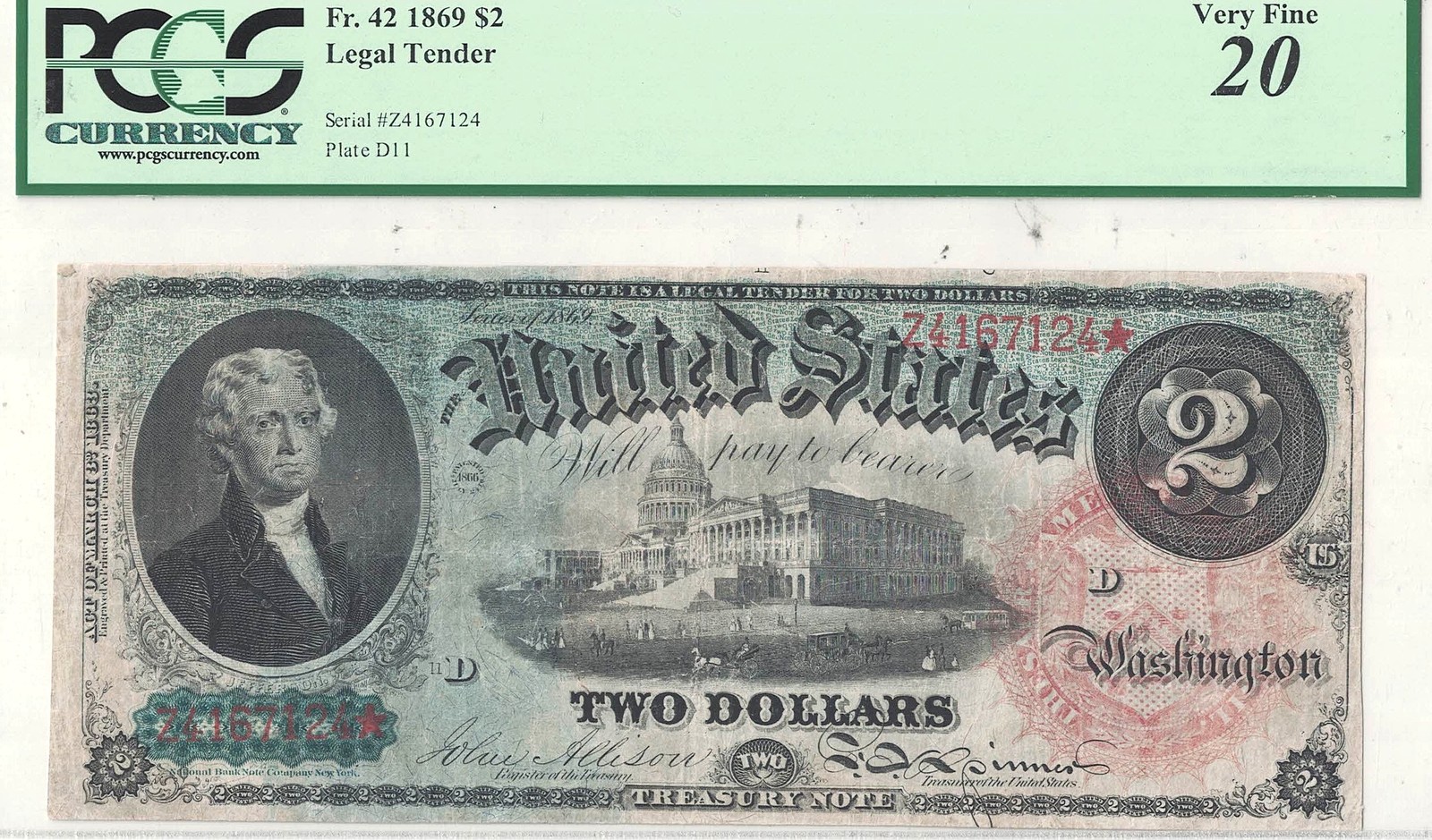 1869 $2 Legal Tender Fr-42 PCGS-20